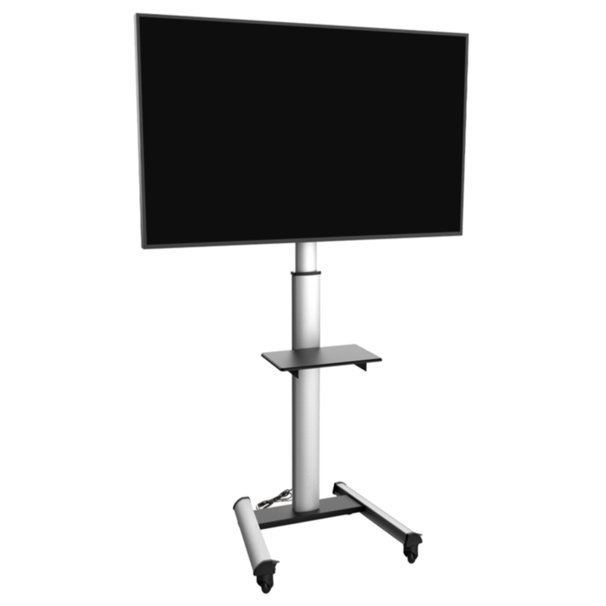 Zilveren tv-standaard met een zwart scherm. Heeft een plank en wielen. Witte achtergrond.