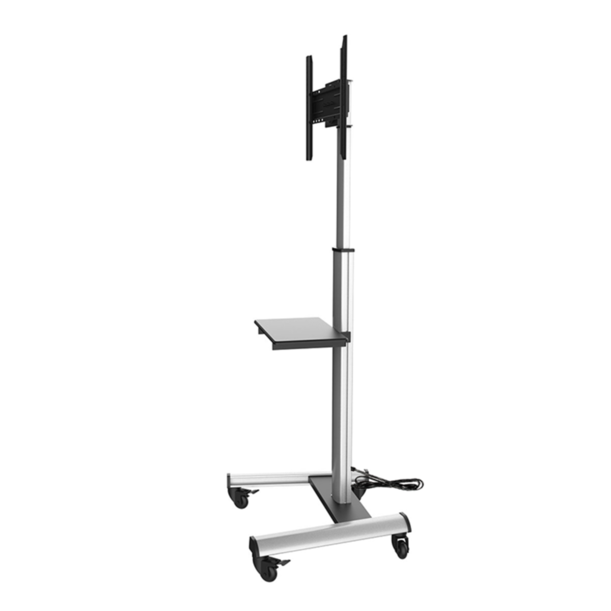 Zilveren tv-standaard met een plank, wielen en een zwarte tv-beugel, op een witte achtergrond.
