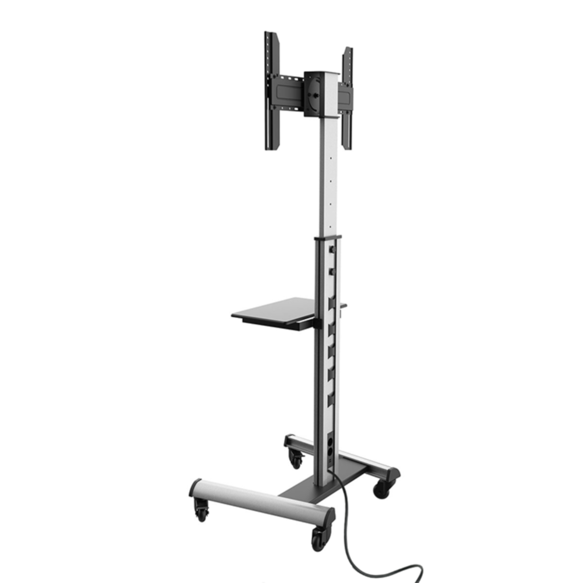 Een tv-standaard op wielen, zwart en zilver, met een plank. De standaard heeft een kabel en een beugel voor een tv.