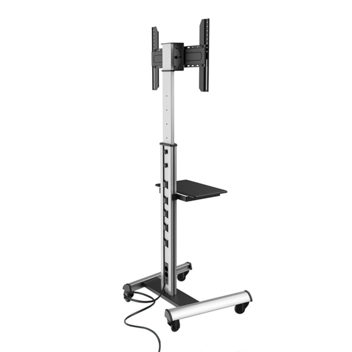 Een zwart-zilveren tv-standaard op wielen. Hij houdt een tv vast en heeft een plank. Witte achtergrond.