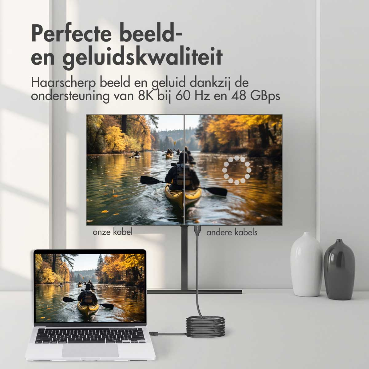 Laptop with video on screen, showing kayaks on water. White vases on the right. Cables connected.