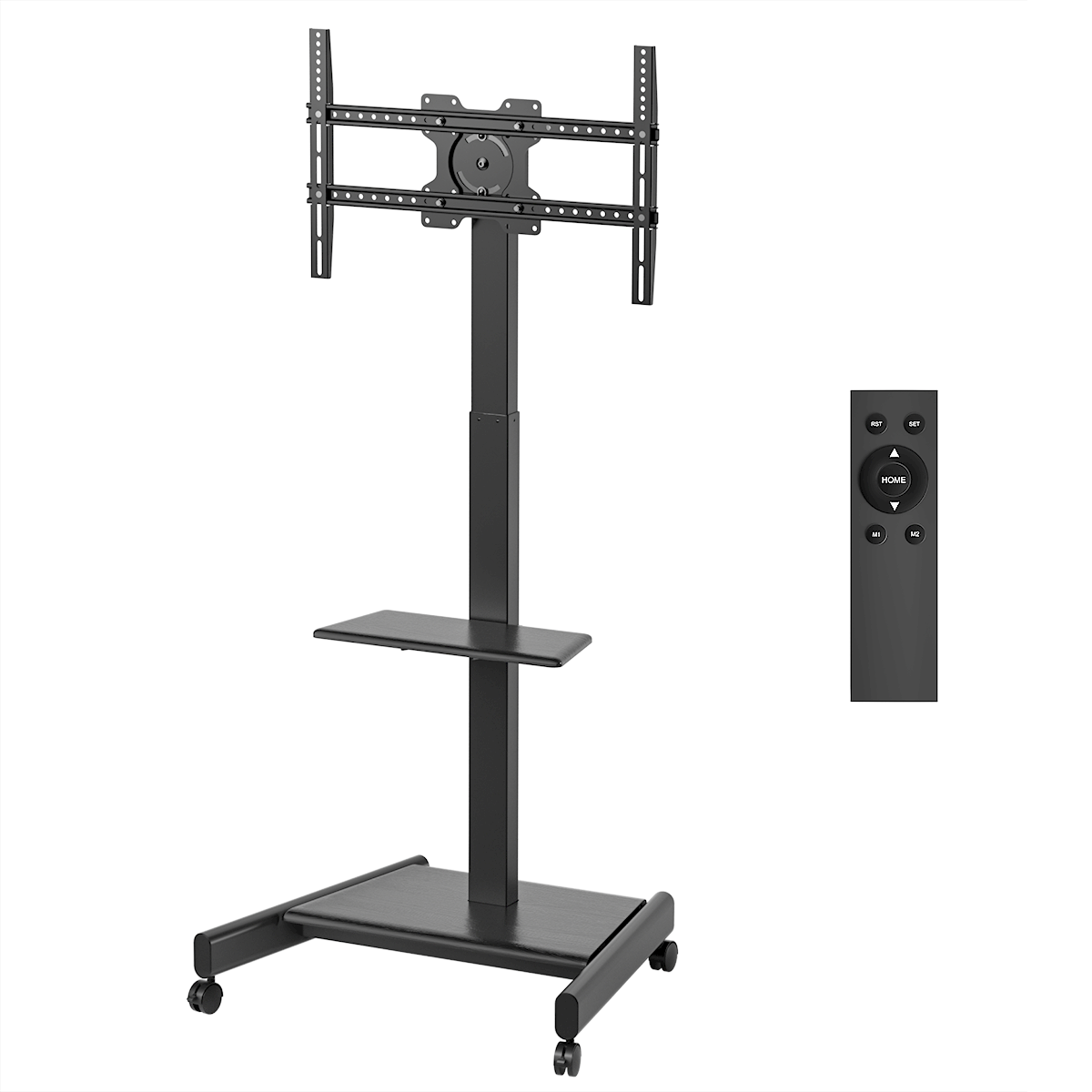 Zwarte tv-standaard met wielen, een plank en een beugel voor de tv. Een afstandsbediening rechts.