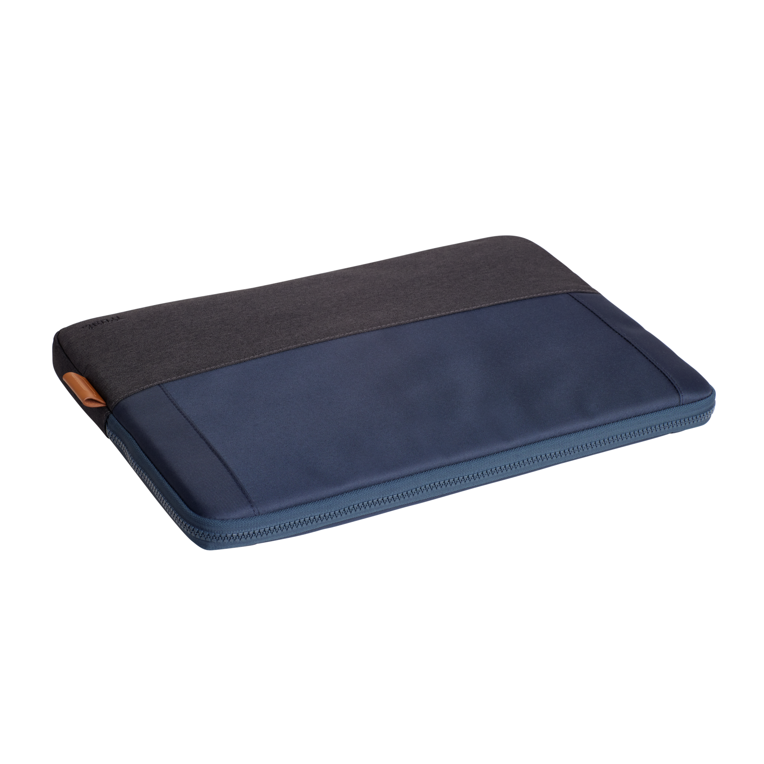 Laptoptas in donkergrijs en blauw. Ritssluiting. Lederen detail.