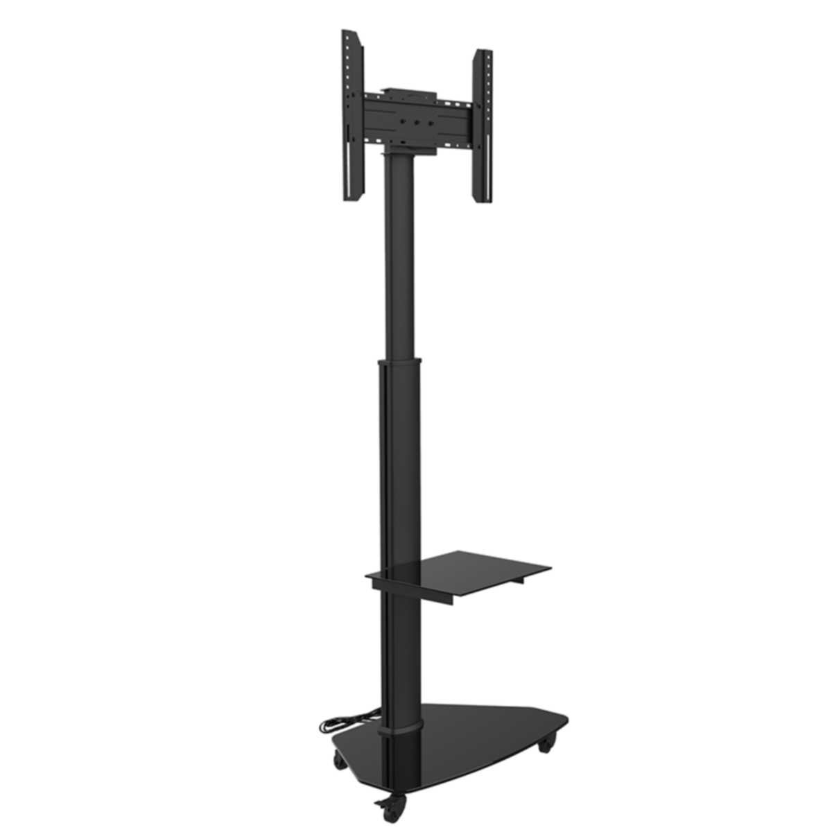 Een zwarte tv-standaard met een glazen plank en een monitorbevestiging.
