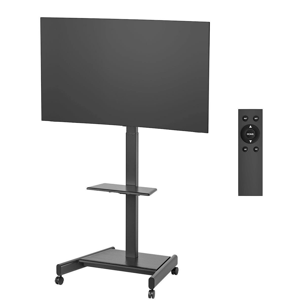 Een zwarte tv op een standaard met een plank en een afstandsbediening. Witte achtergrond.