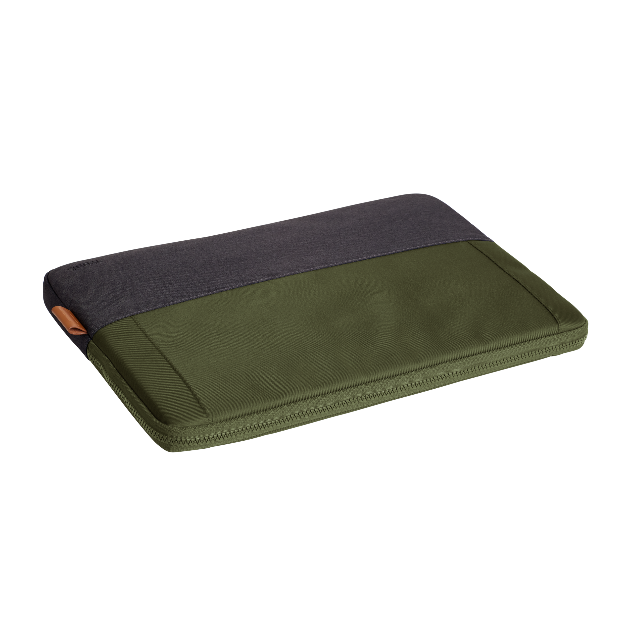 Una custodia per laptop verde e nera con cerniera.