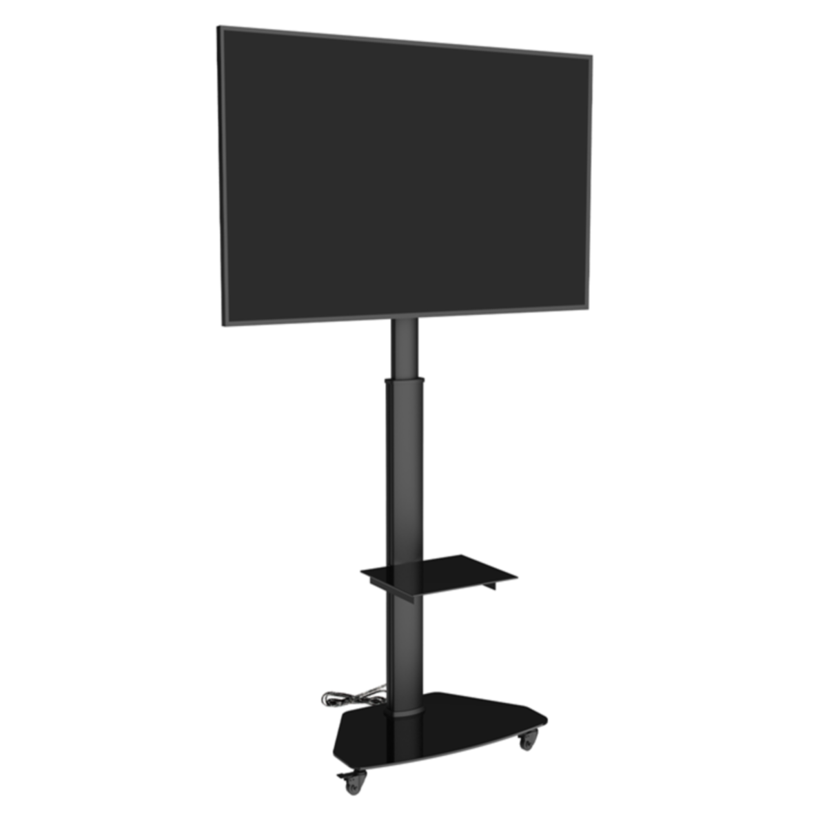 Zwarte tv-standaard met twee planken en wielen. Zwarte tv is gemonteerd.