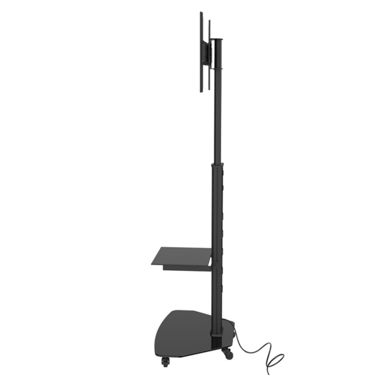 Zwarte tv-standaard met wielen, een plank en een paal met tv-beugel.