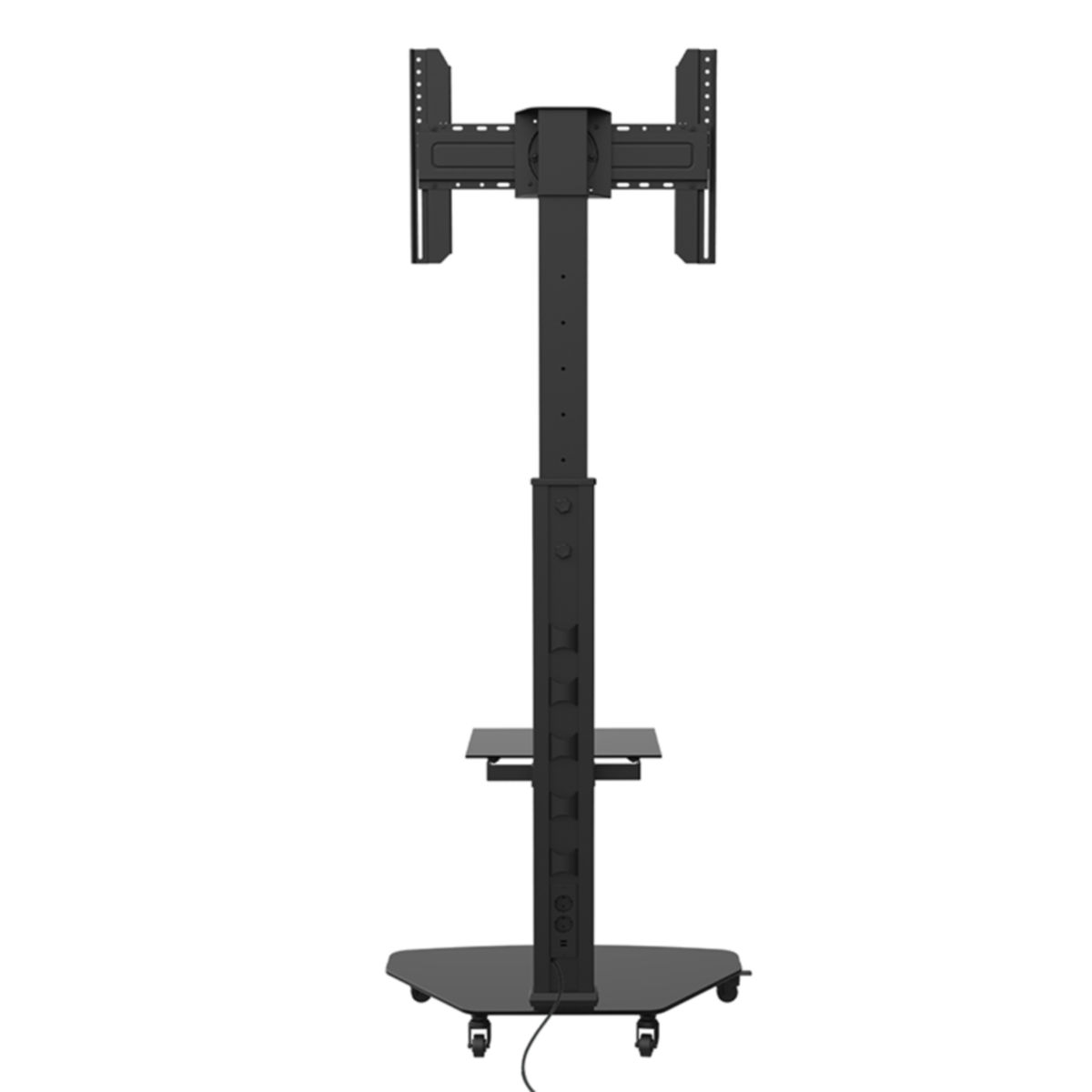 Een zwart, verrijdbaar displaystandaard met een tv-beugel en plank, geïsoleerd.