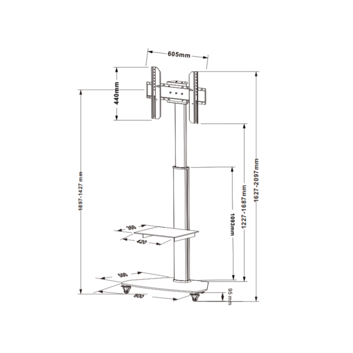 Diagram van een zwarte tv-standaard met afmetingen.