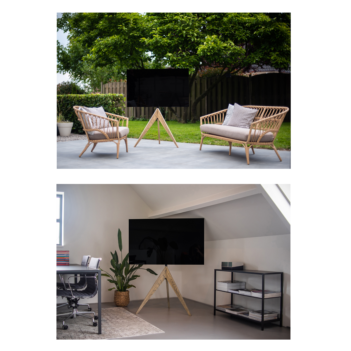 Buiten- en binnenscènes met een zwarte tv op een houten statief. Stoelen op de achtergrond.