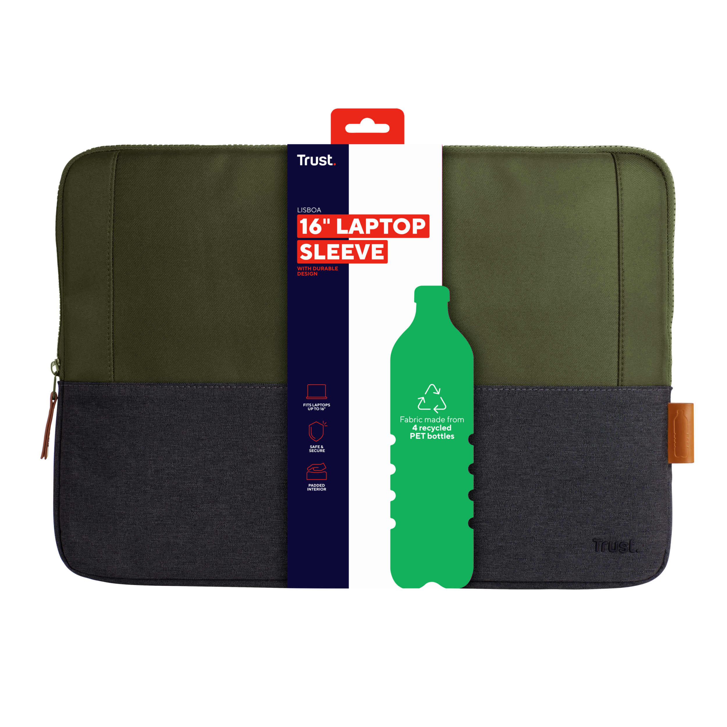 Custodia per laptop in verde e nero con testo e icona bottiglia verde.