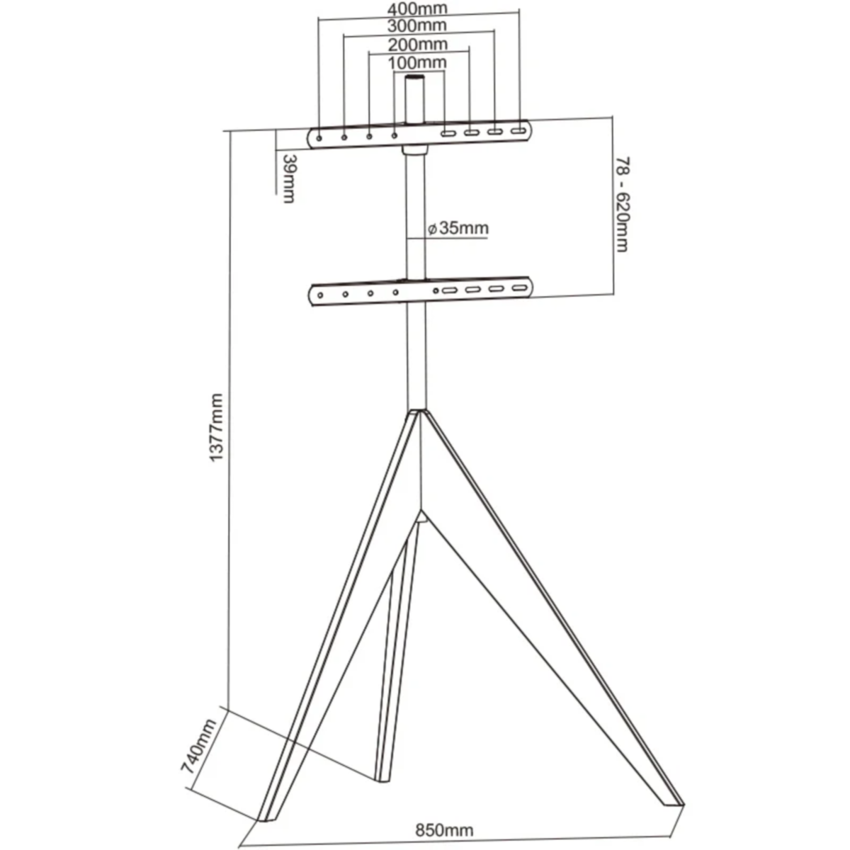A technical drawing of a TV stand, showing dimensions. The stand is black.