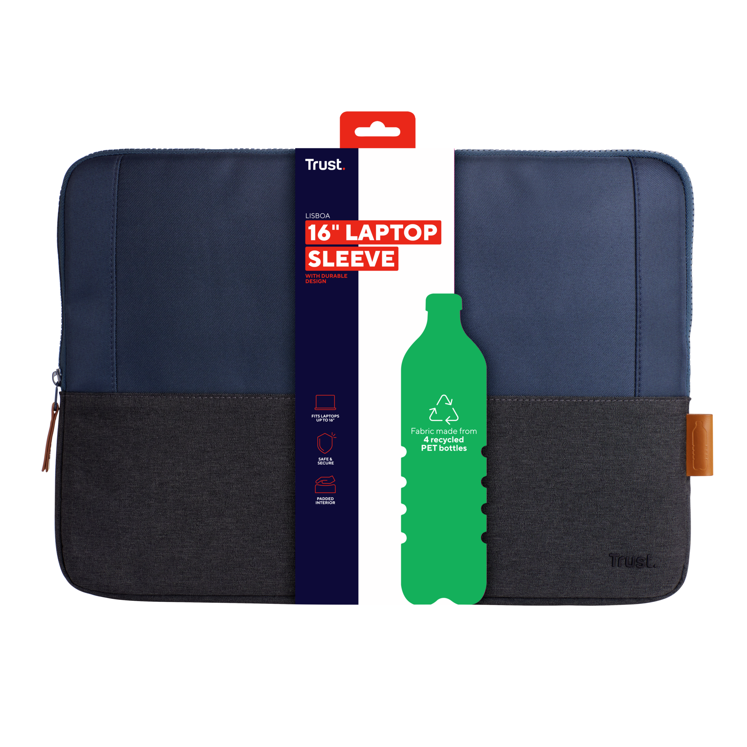 Blauwe en grijze laptoptas, met een groene gerecyclede fles-afbeelding. Tekst: 16" Laptoptas.