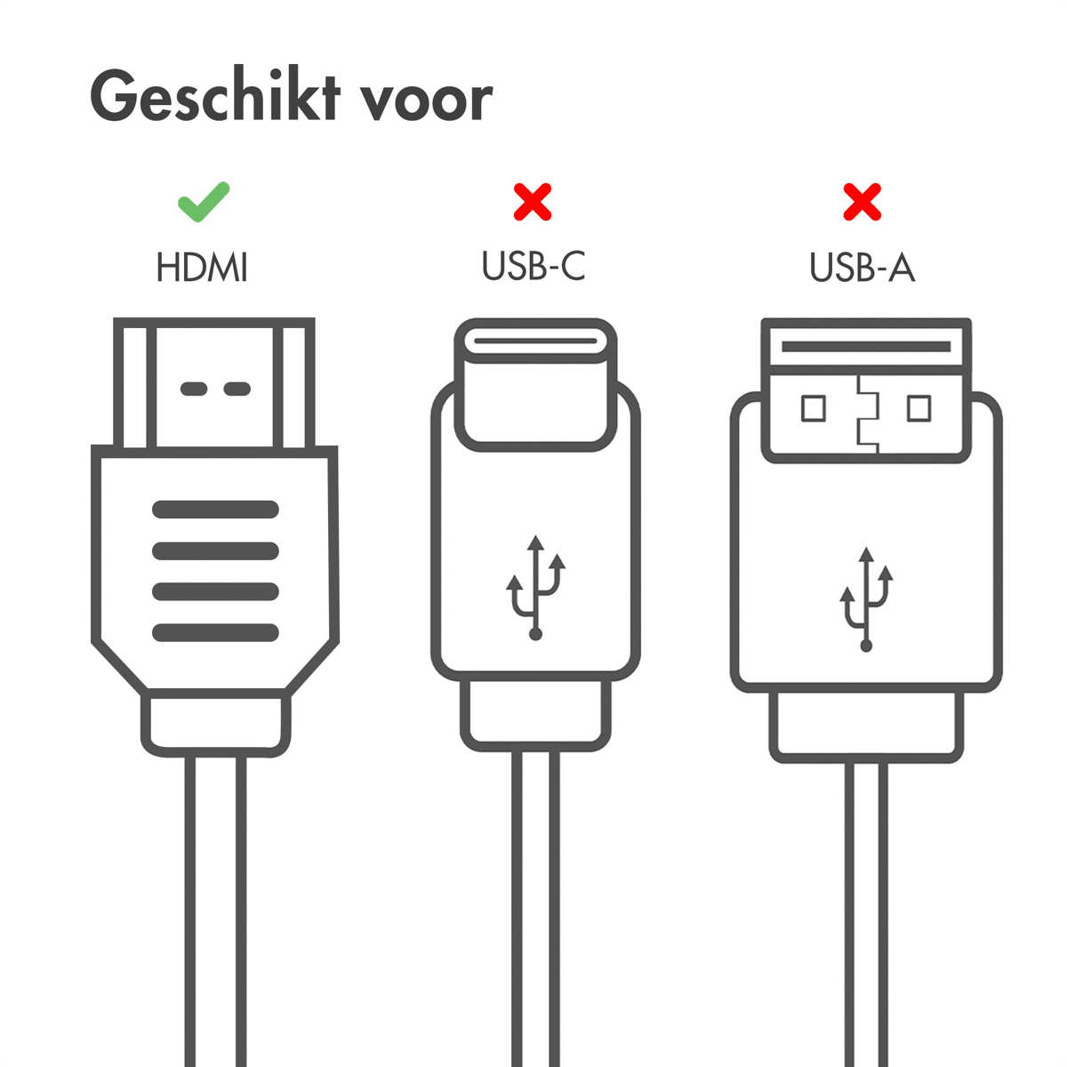 Diagram of HDMI, USB-C, and USB-A cables, HDMI cable marked with a check.