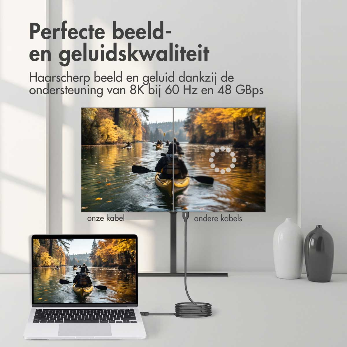 A TV screen showing kayakers on a lake, a laptop, and vases. Cables are visible.