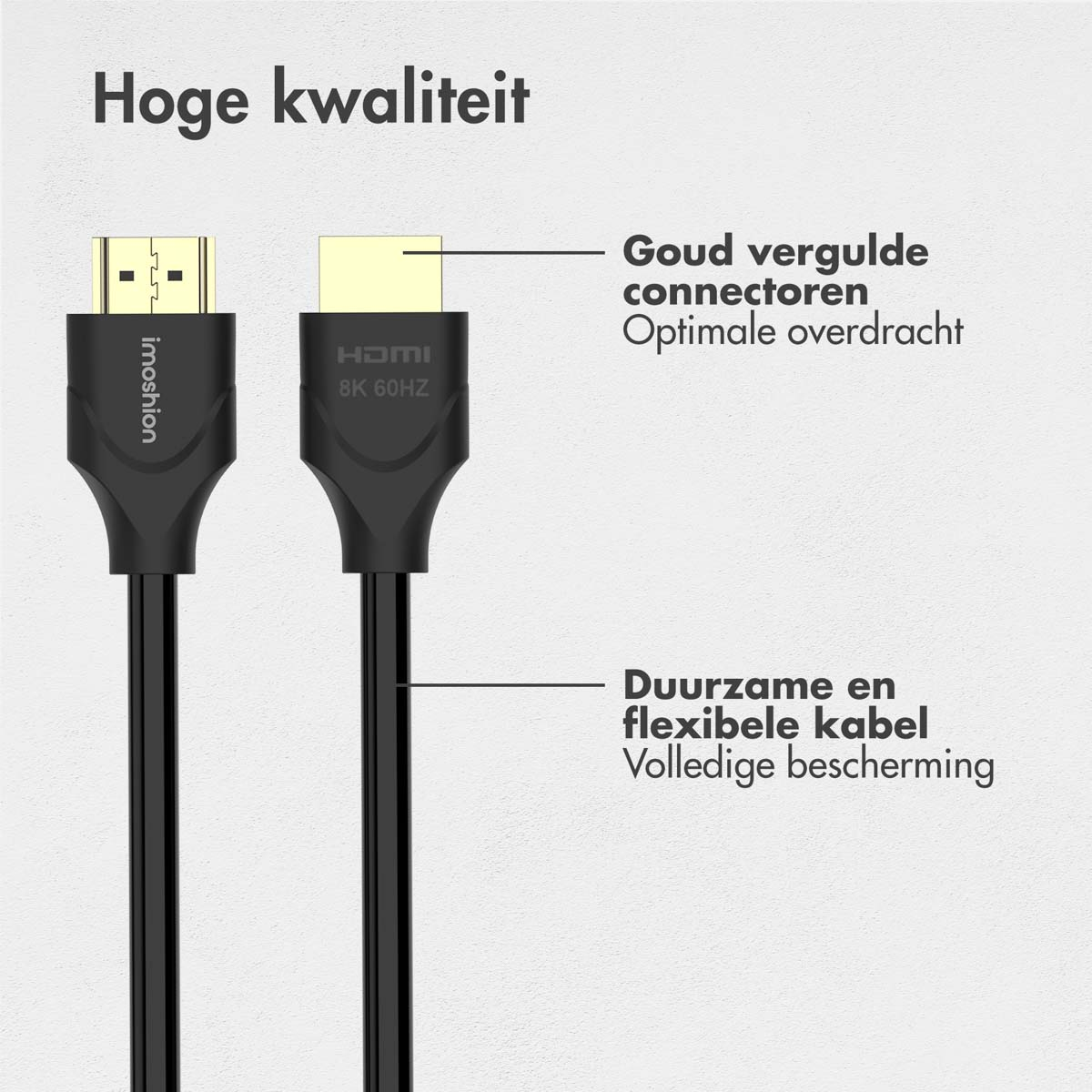 Two black HDMI cables, gold connectors, and text about quality and features.