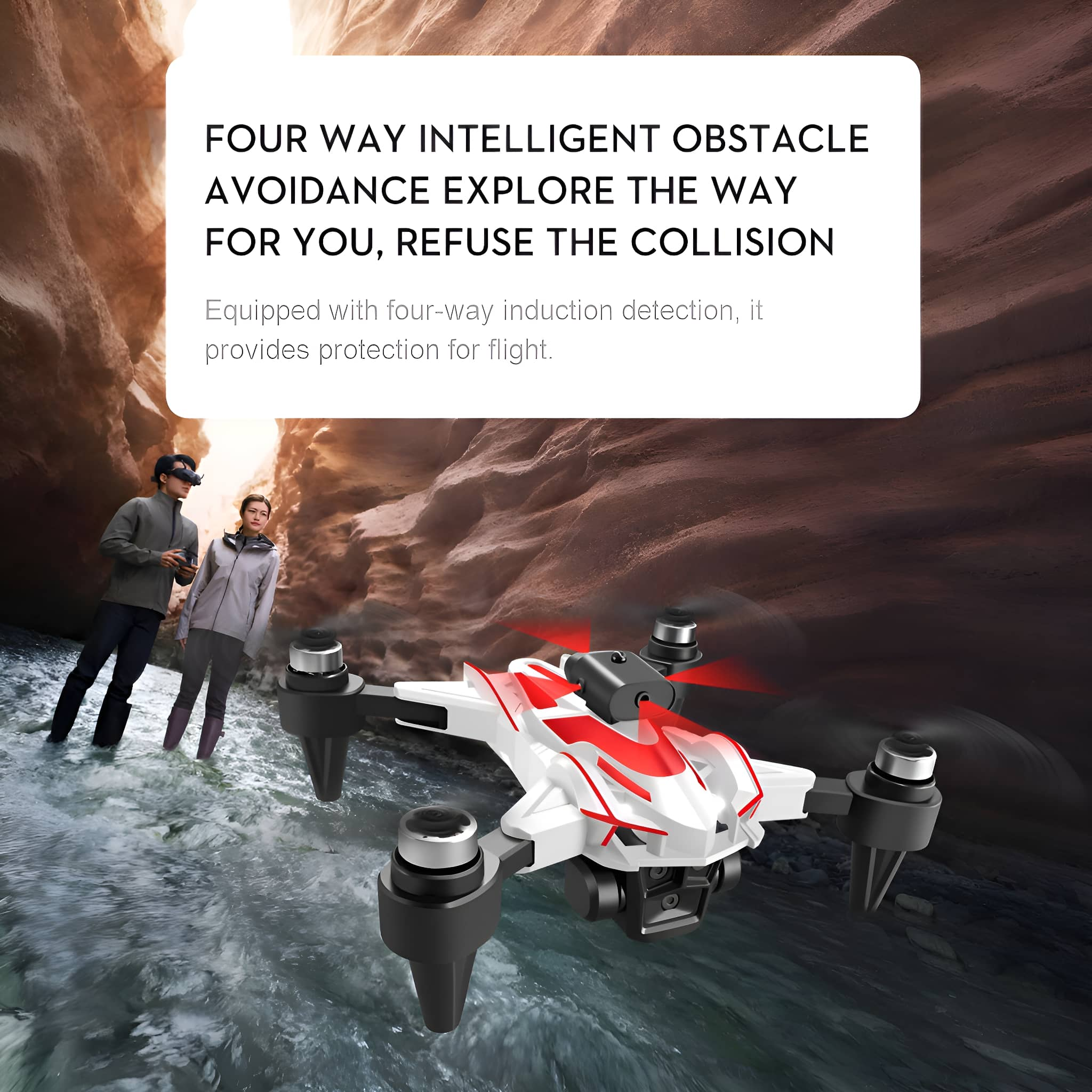 Eine weiße und rote Drohne fliegt. Zwei Personen stehen in einem Canyon.