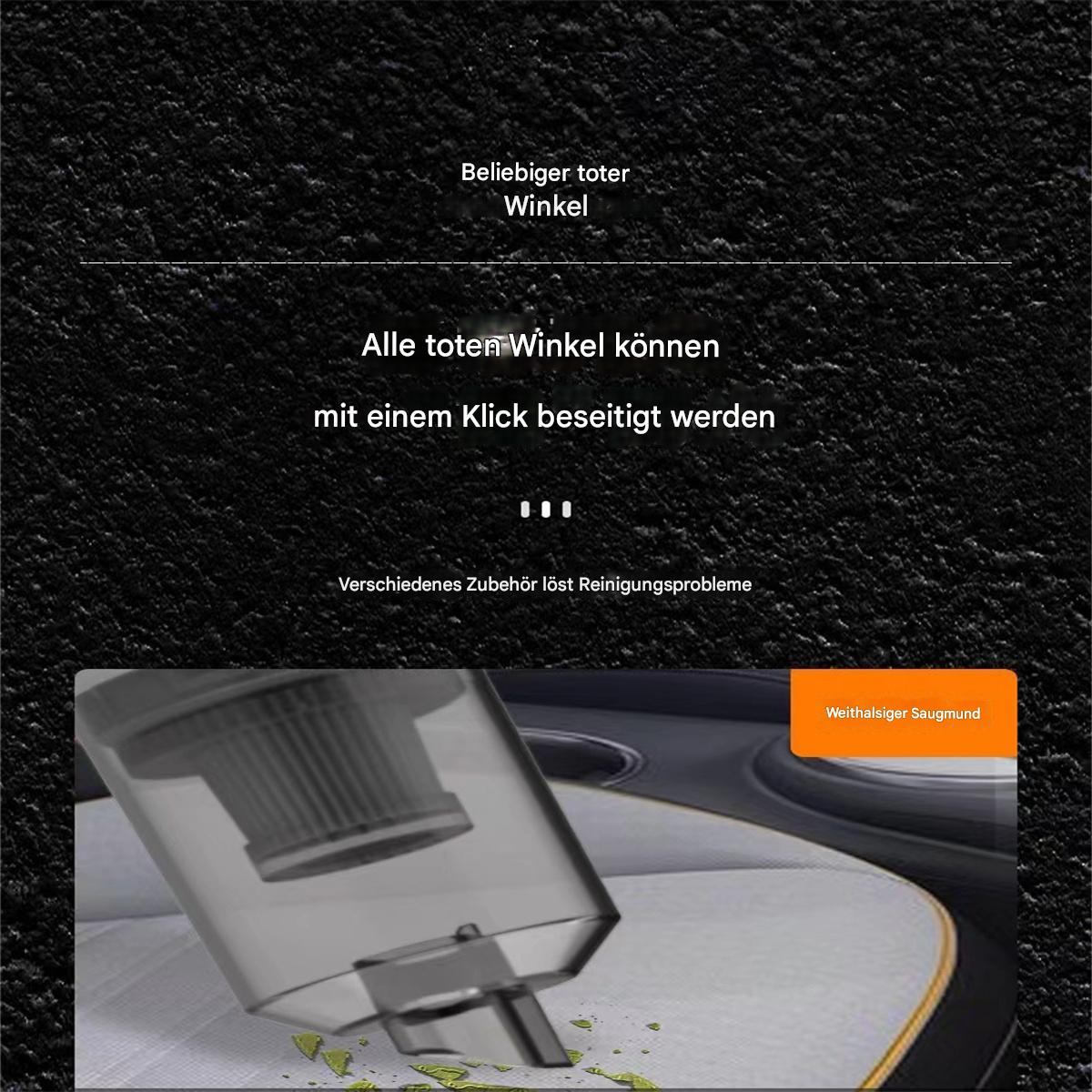 Staubsauger mit breiter Öffnung auf schwarzem Hintergrund, mit deutschem Text und Saugen eines Bereichs.