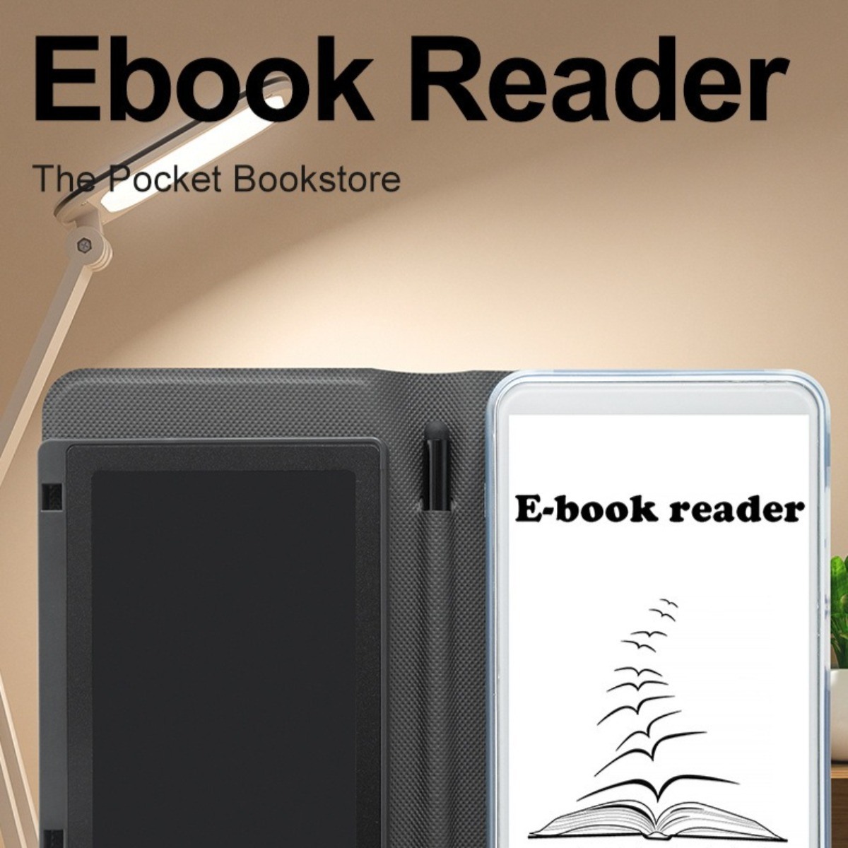 Ein E-Book-Reader und ein Smartphone auf einem Tisch. Der E-Book-Reader zeigt Text, das Telefon ist in einer Hülle.