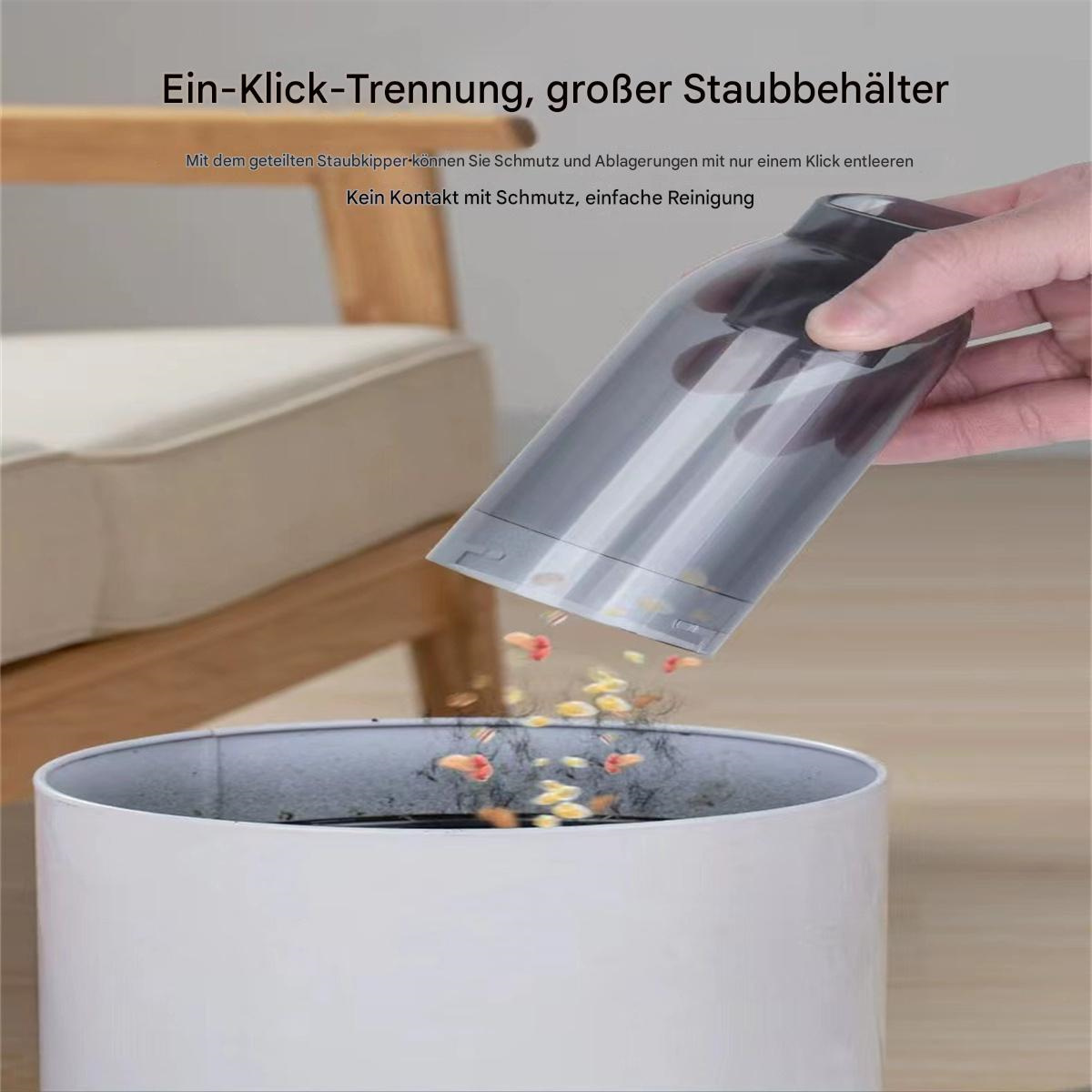 Eine Hand leert einen schwarzen Behälter in einen weißen Behälter. Text oben. Trümmer fallen aus dem Behälter.