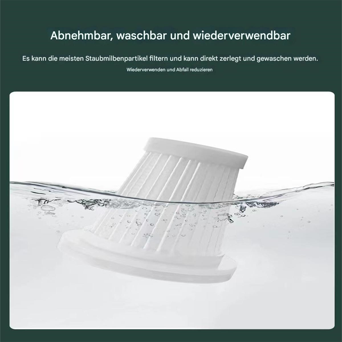 Weißer Staubsaugerfilter in Wasser getaucht. Weiß und zylindrisch. Text oben.