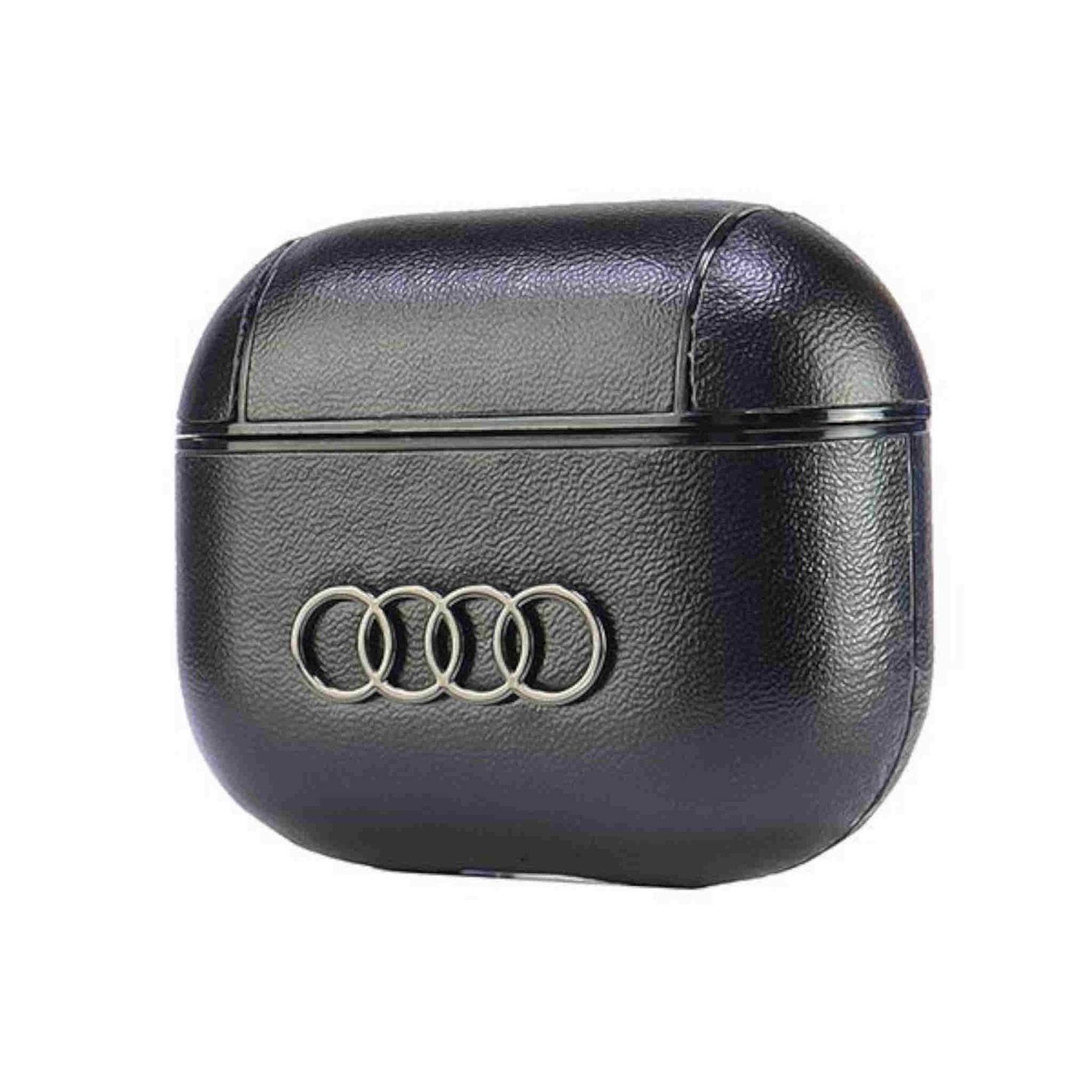 Schwarzes Audi AirPods-Etui mit dem Audi-Logo in Silber.
