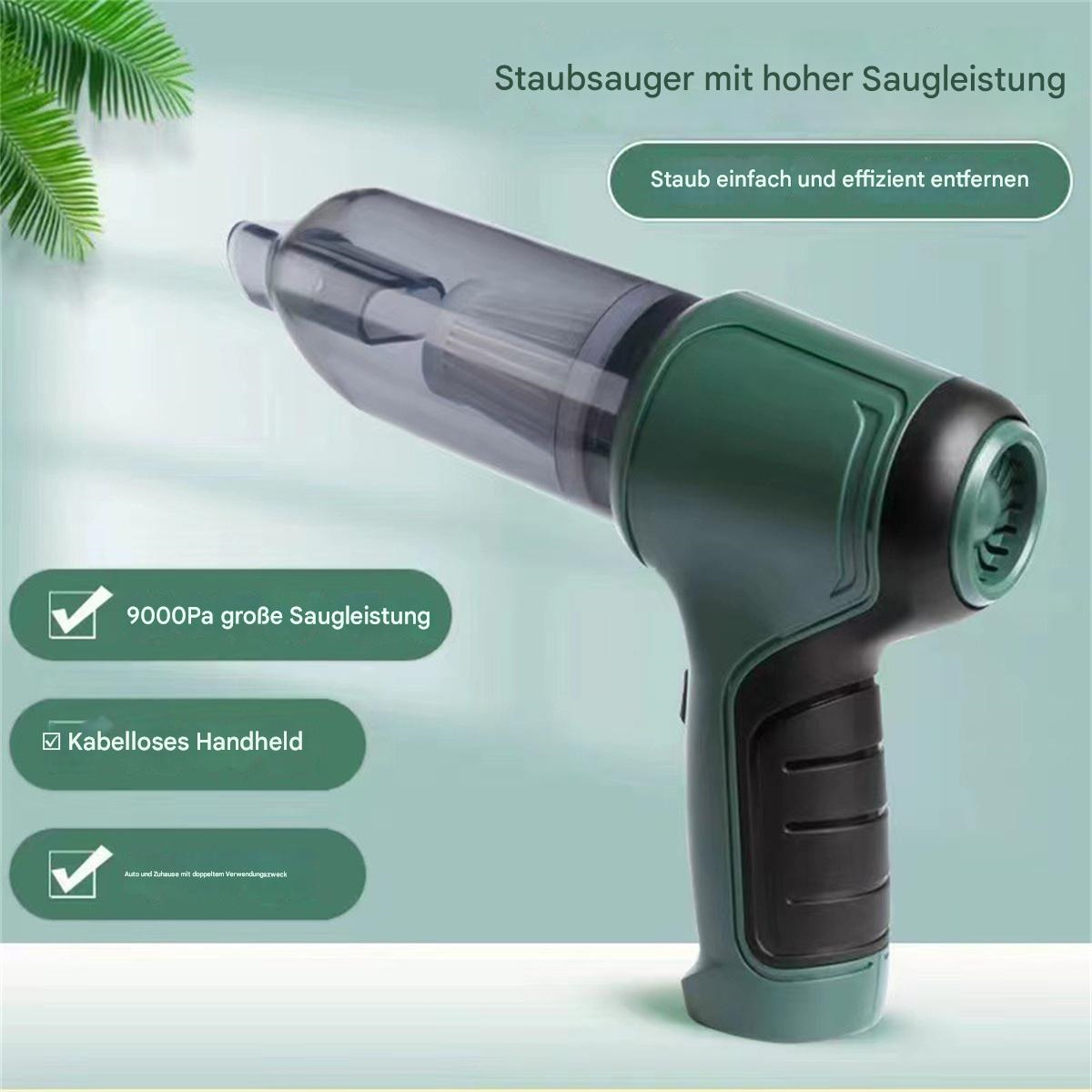Grüner Handstaubsauger. Text: Hohe Saugkraft, einfache Staubentfernung, kabelloses Handheld.