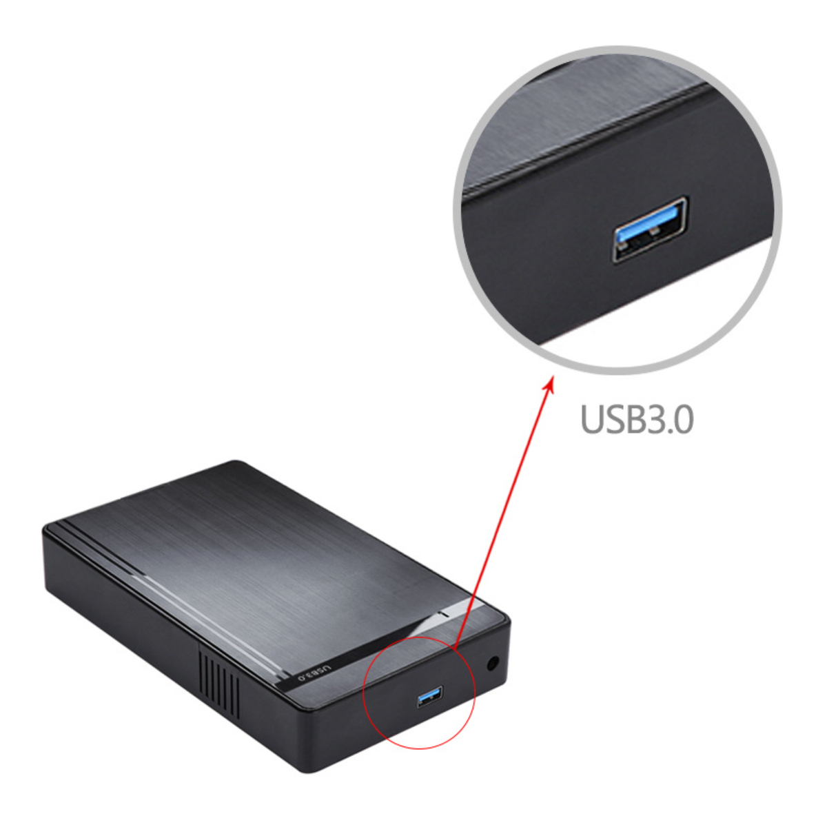 Externes Festplattengehäuse, schwarz mit blauem USB 3.0-Anschluss, in einem kreisförmigen Zoom hervorgehoben.