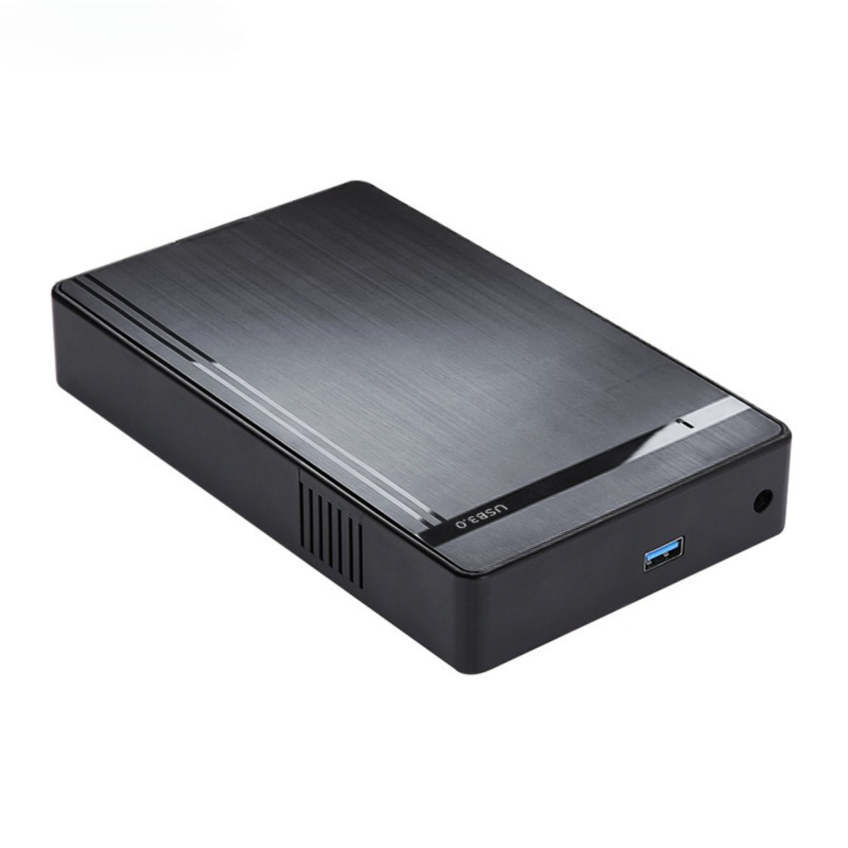 Schwarzes Festplattengehäuse mit USB 3.0-Anschluss. Weißer Hintergrund.