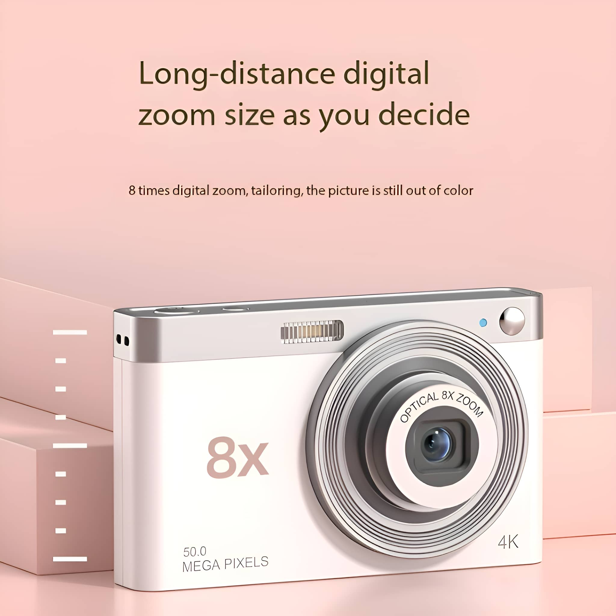 Weiße Digitalkamera mit 8x Zoom. Zeigt '50.0 MEGA PIXELS' und '4K' auf der Vorderseite.
