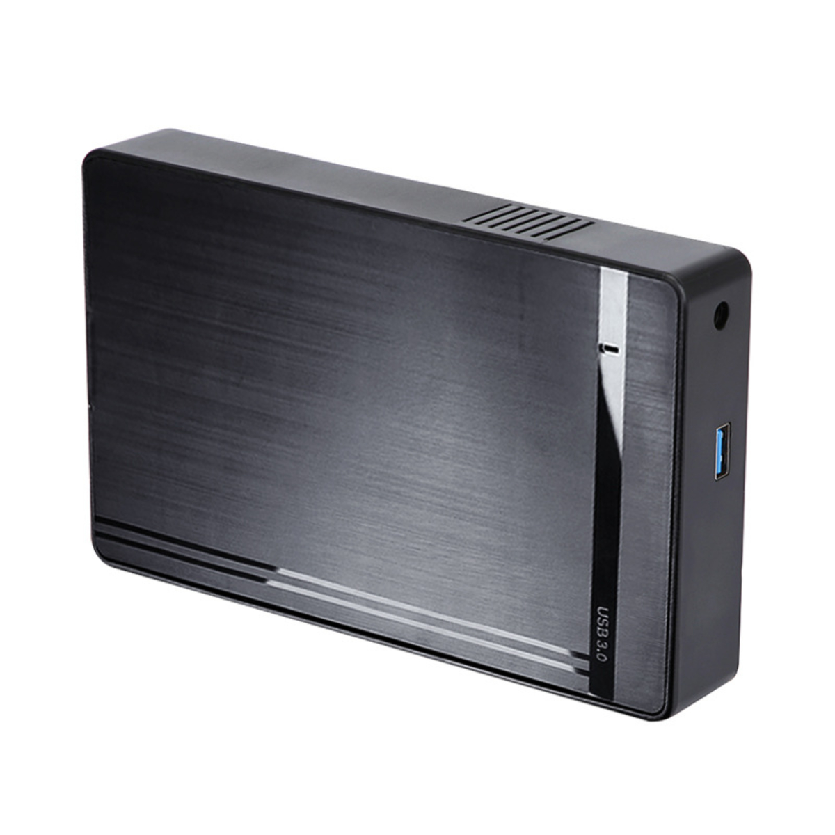 Schwarze externe Festplatte. Metallisches Finish. USB 3.0-Anschluss an der Seite. Weißer Hintergrund.