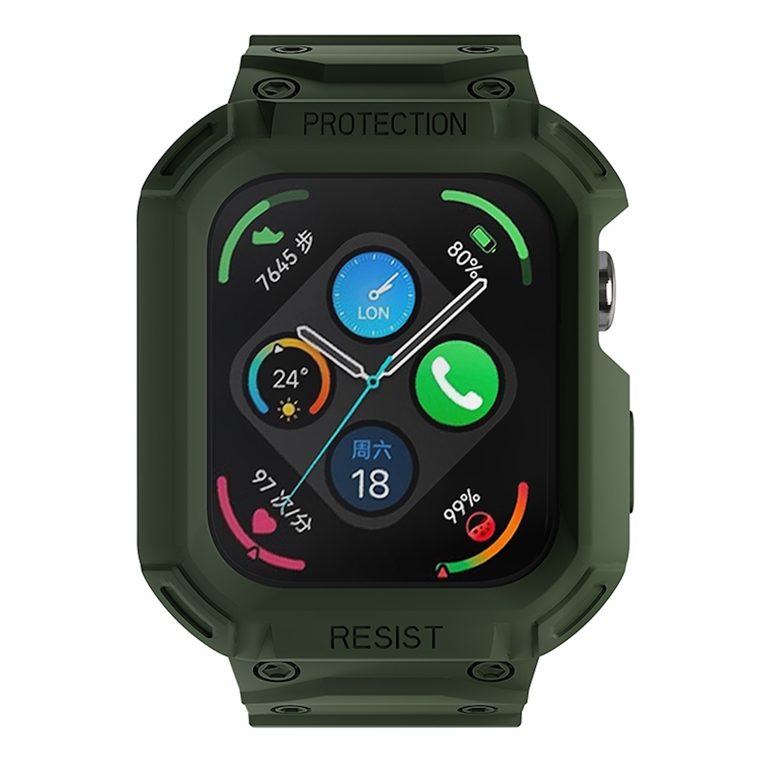 Eine grüne Uhr mit grünem Schutzgehäuse, die verschiedene Metriken auf dem Bildschirm anzeigt.