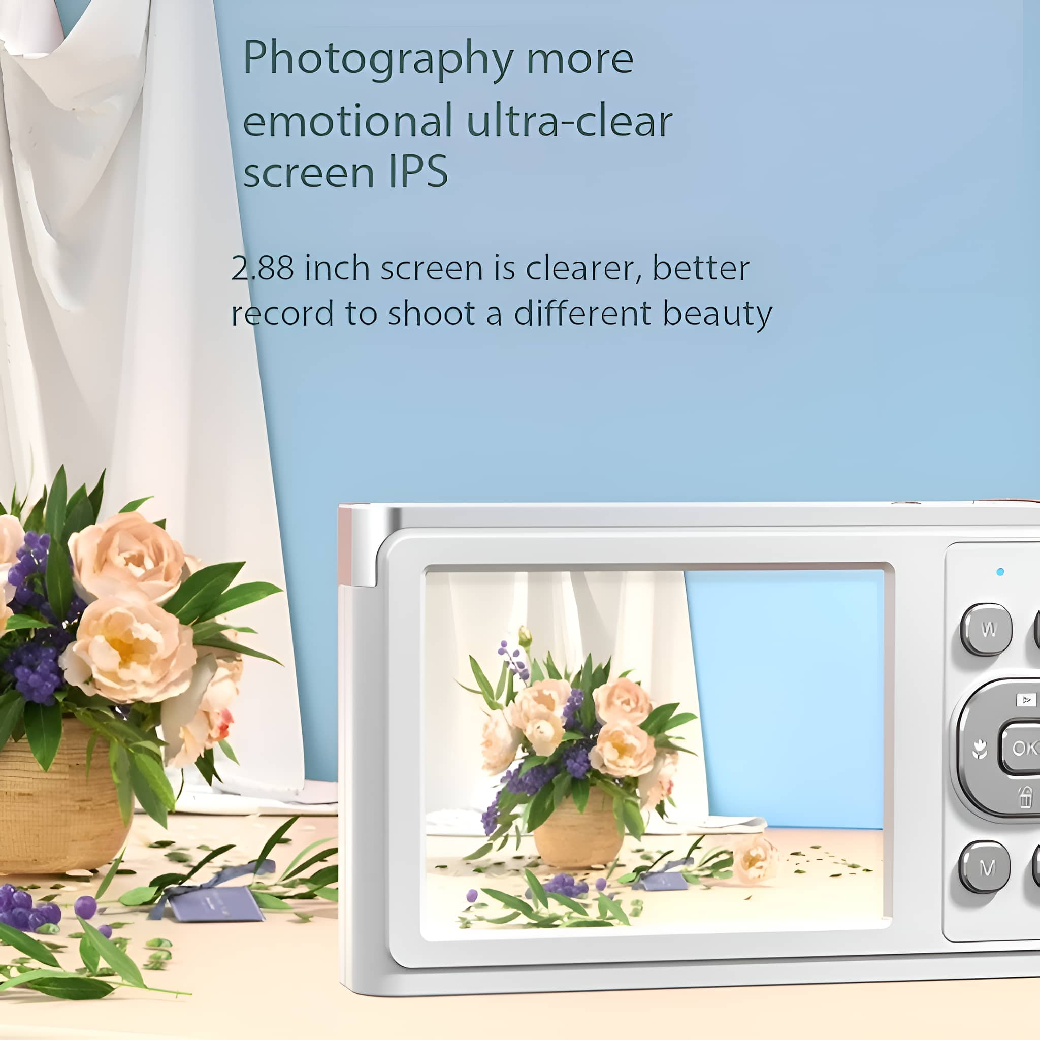 Weiße Digitalkamera mit Bildschirm, der ein Blumenarrangement zeigt, Text über Fotos.