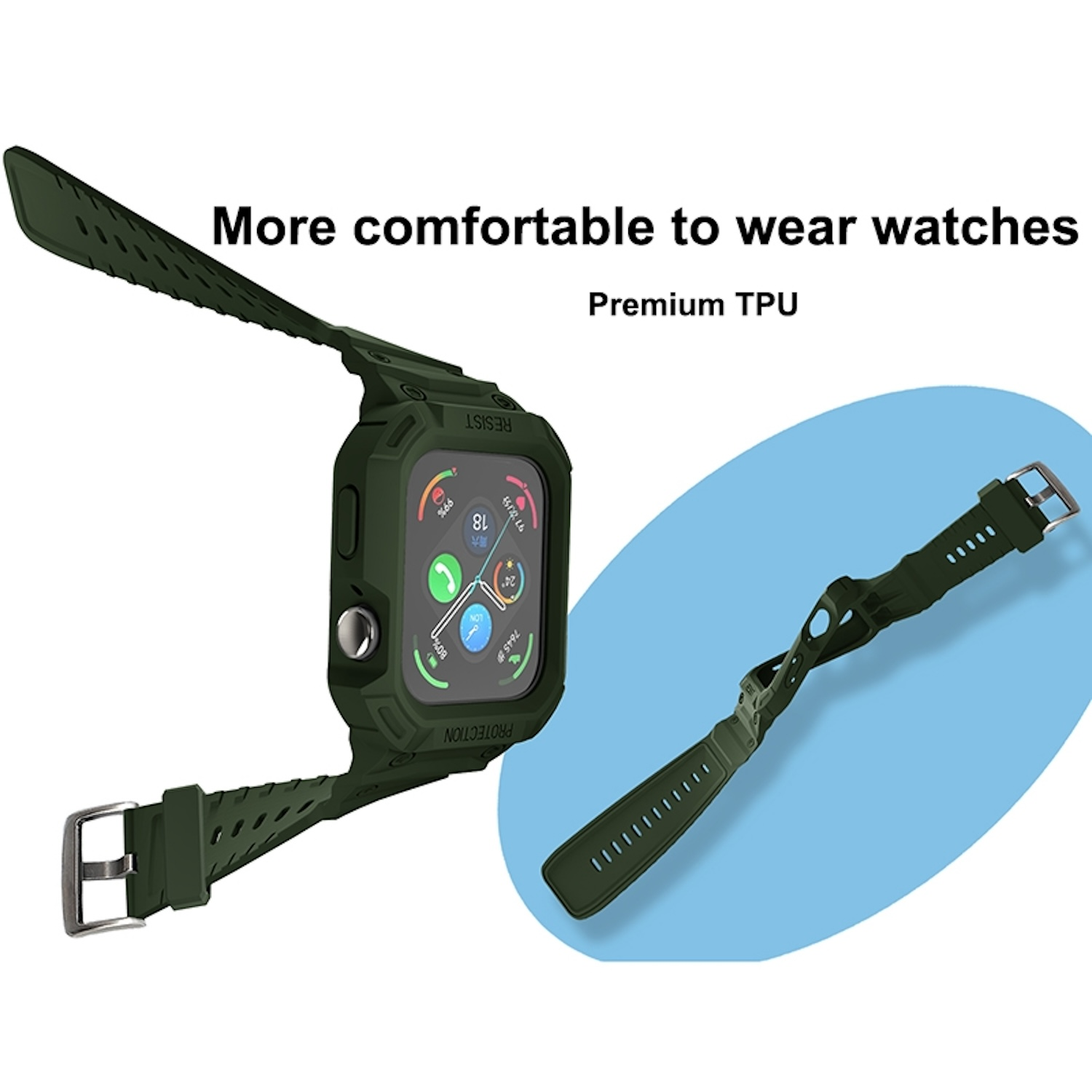 Smartwatch mit grünem Armband und Ersatzarmband, auf blauem Grund.