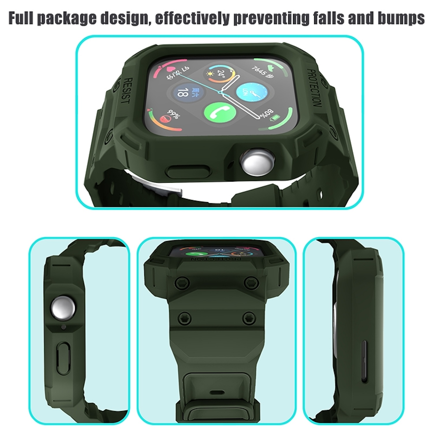Grünes Apple Watch Gehäuse mit drei Ansichten, die das Design zeigen.