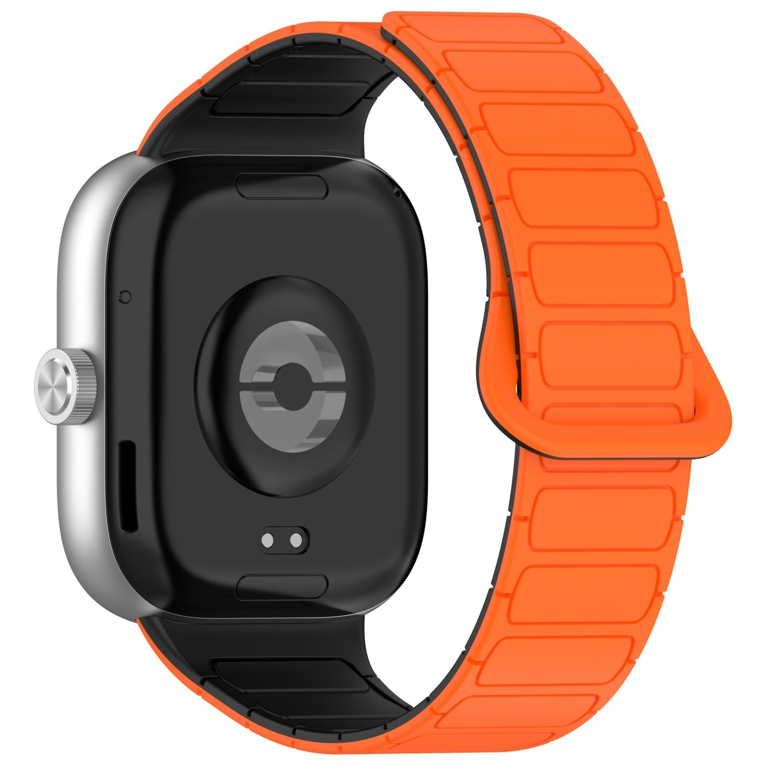 Eine Smartwatch mit silbernem Rahmen und orangefarbenem Magnetband.