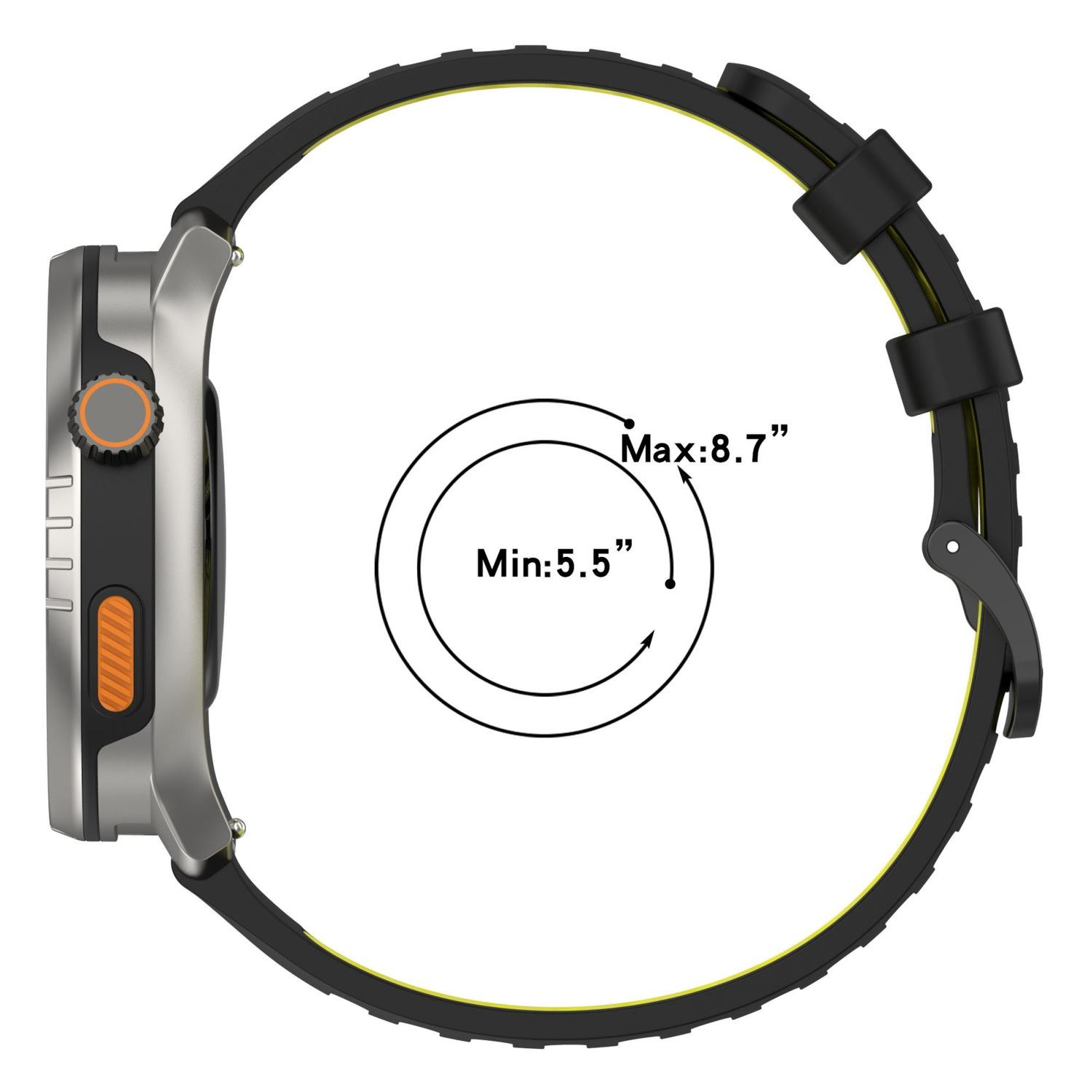 Schwarze Uhr mit grauem Gehäuse und orangefarbenem Knopf. Das Armband ist schwarz und gelb.