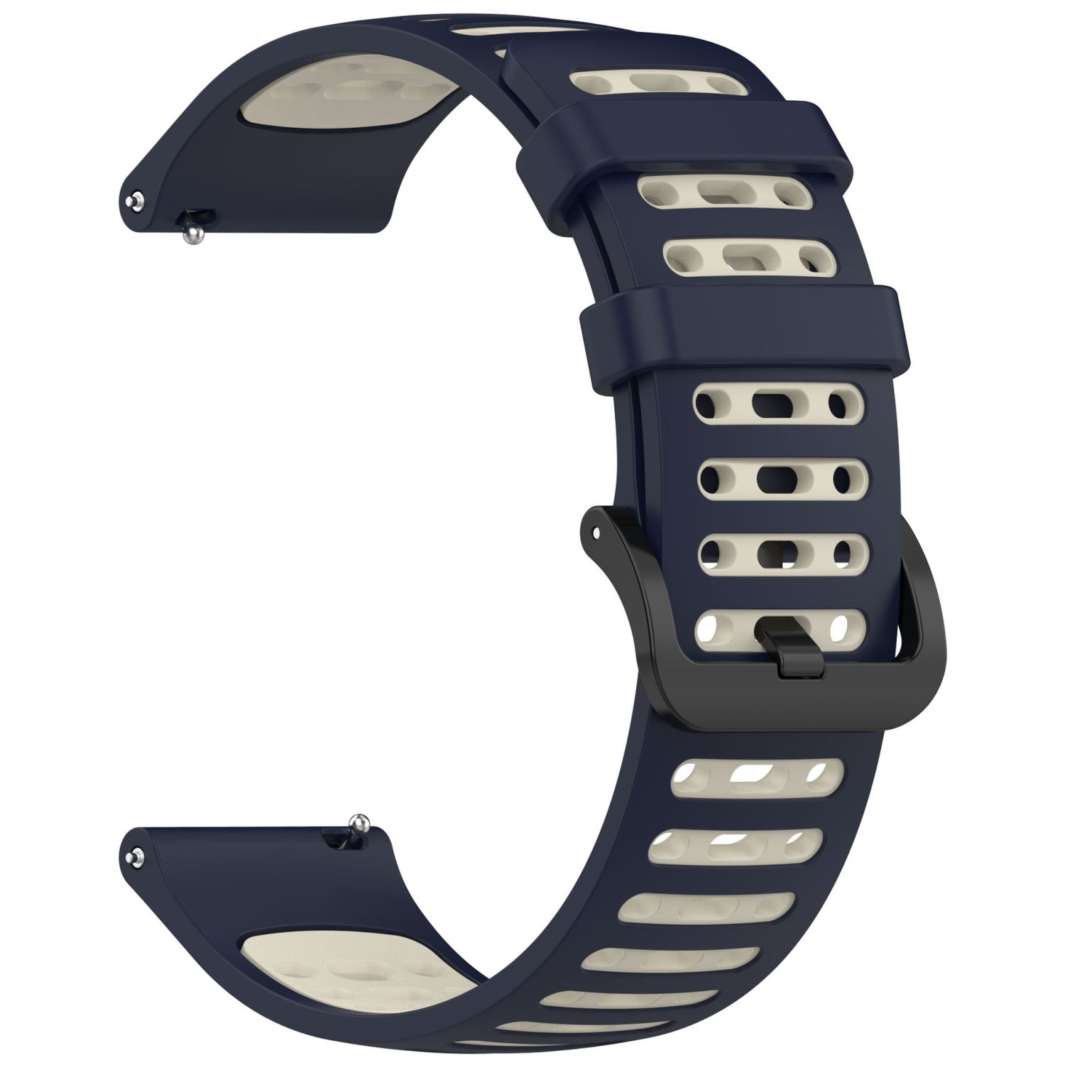 Ein dunkelblaues und cremefarbenes Uhrenarmband mit einer schwarzen Schnalle. Weißer Hintergrund.