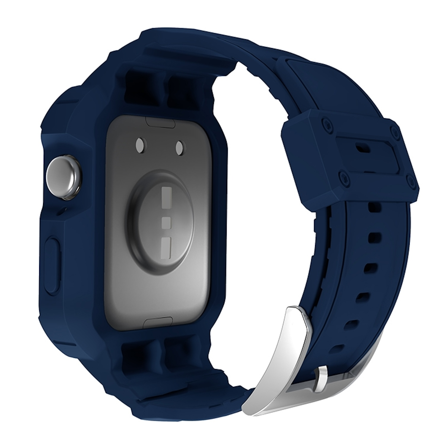 Blaue Smartwatch-Hülle mit Armband. Silberner Verschluss am Band. Rückseite mit Sensoren.