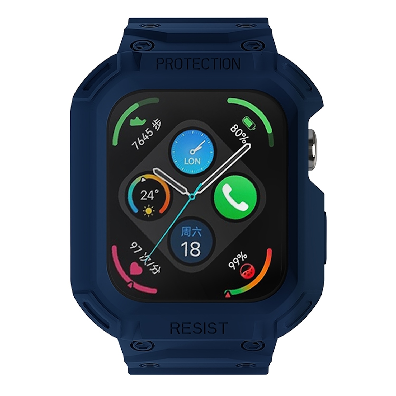Dunkelblaue Smartwatch mit Schutzhülle. Der Bildschirm zeigt Daten und Symbole.