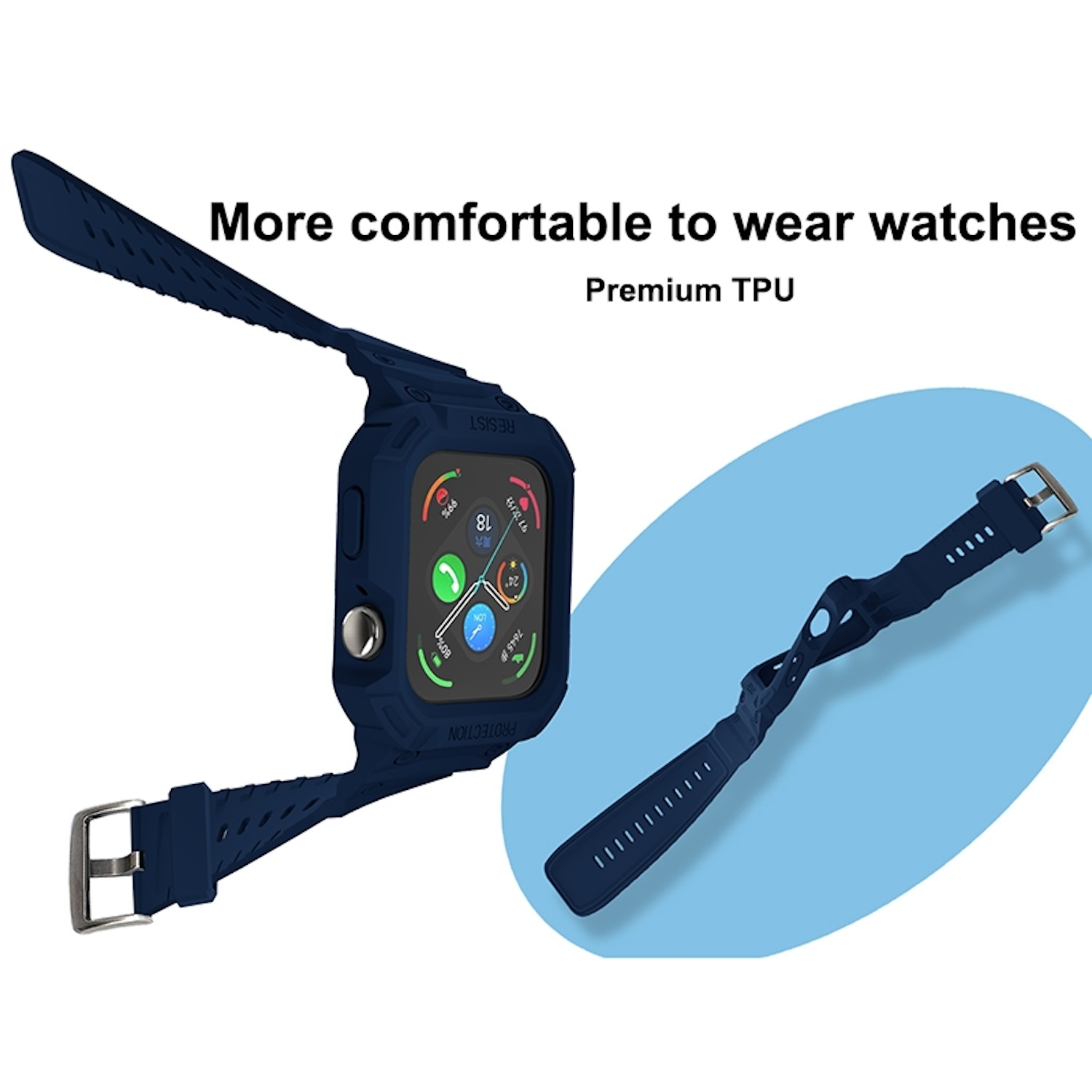 Marineblaues Uhrengehäuse und Armband mit einem Zifferblatt, das App-Symbole zeigt.