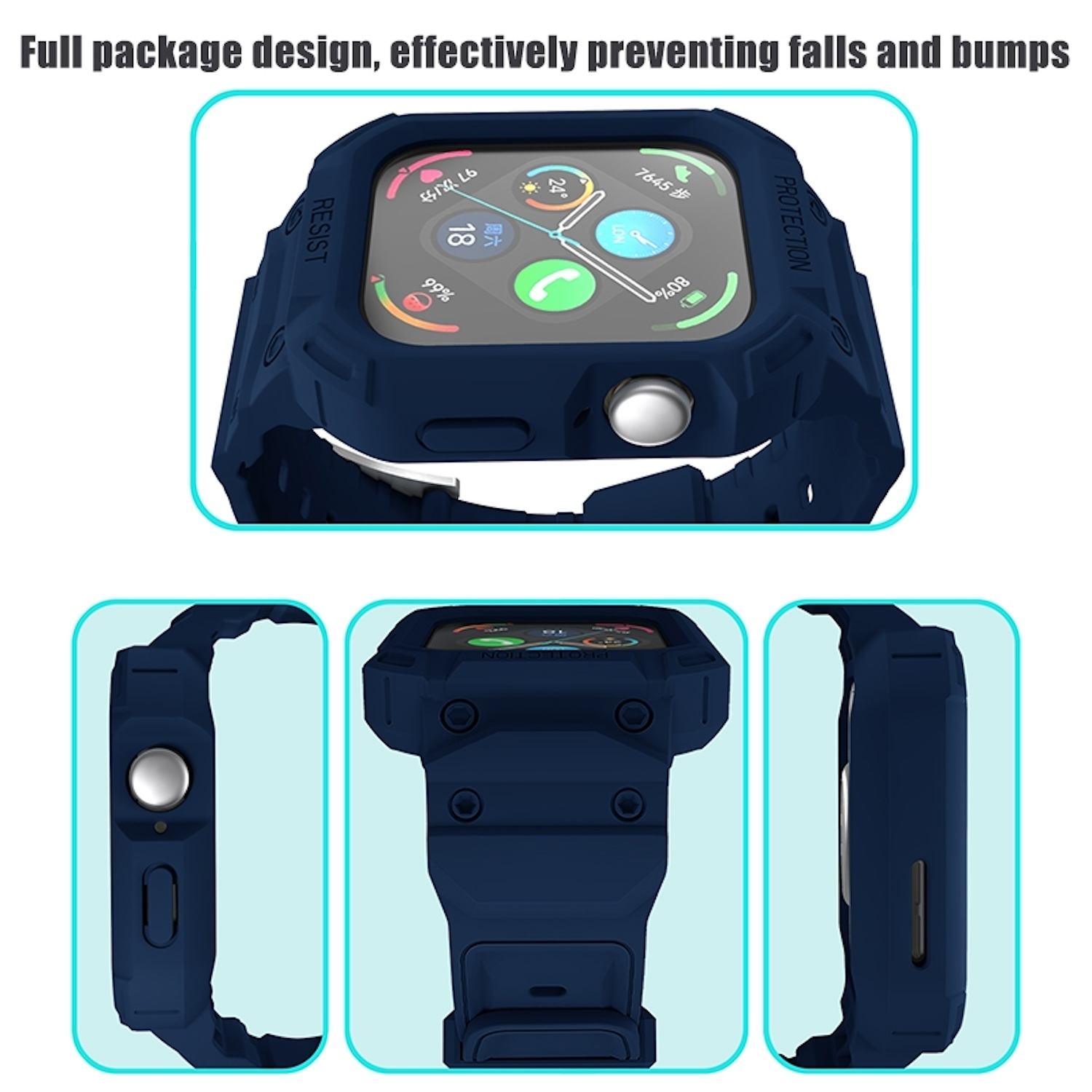 Blaue Uhrenhülle. Mehrere Ansichten. Schützt Apple Watch. Weißer Hintergrund. Komplettes Paketdesign. Dunkelblau.