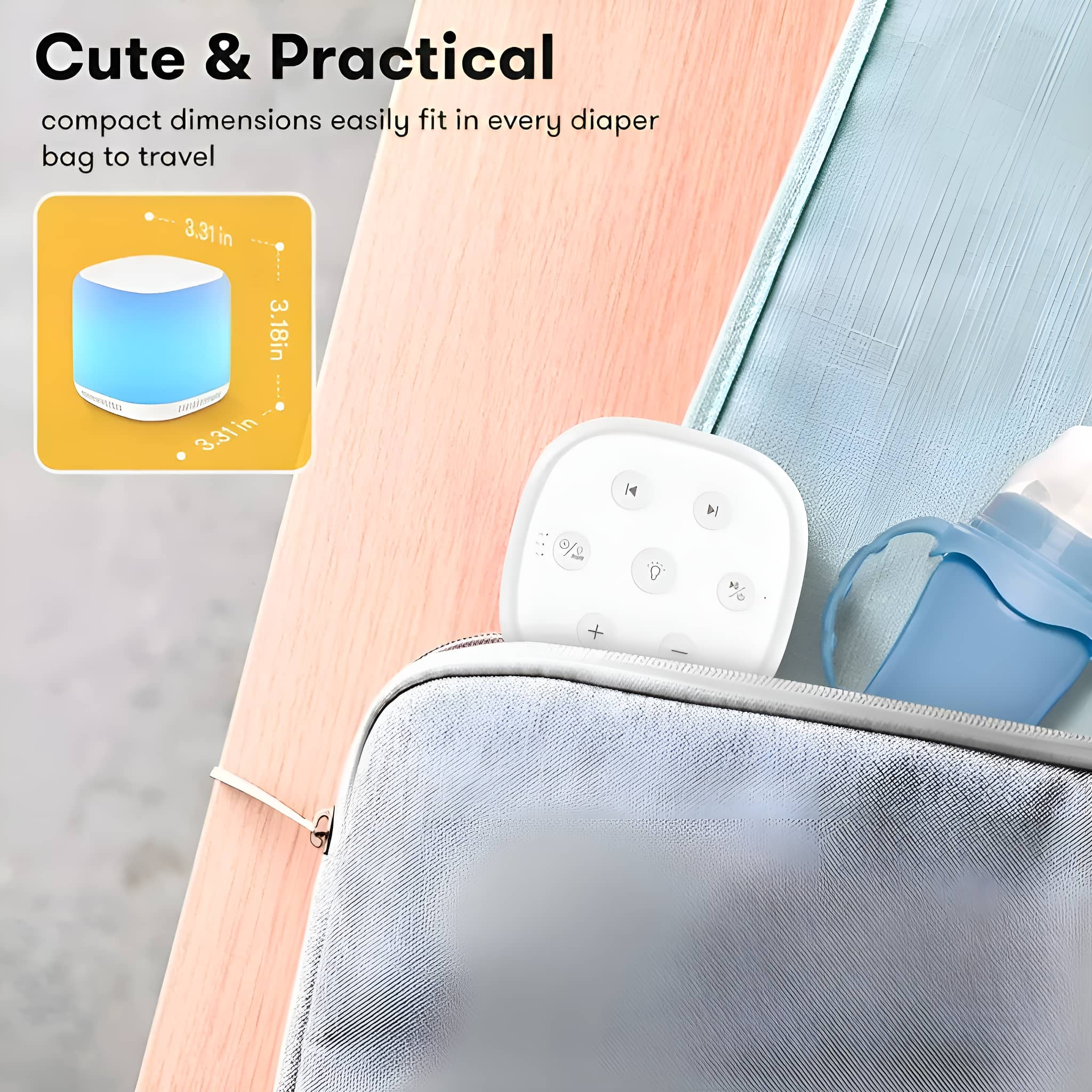 Bild eines Babyartikels. Eine kleine Lampe, eine Fernbedienung, eine Babyflasche und eine Wickeltasche.