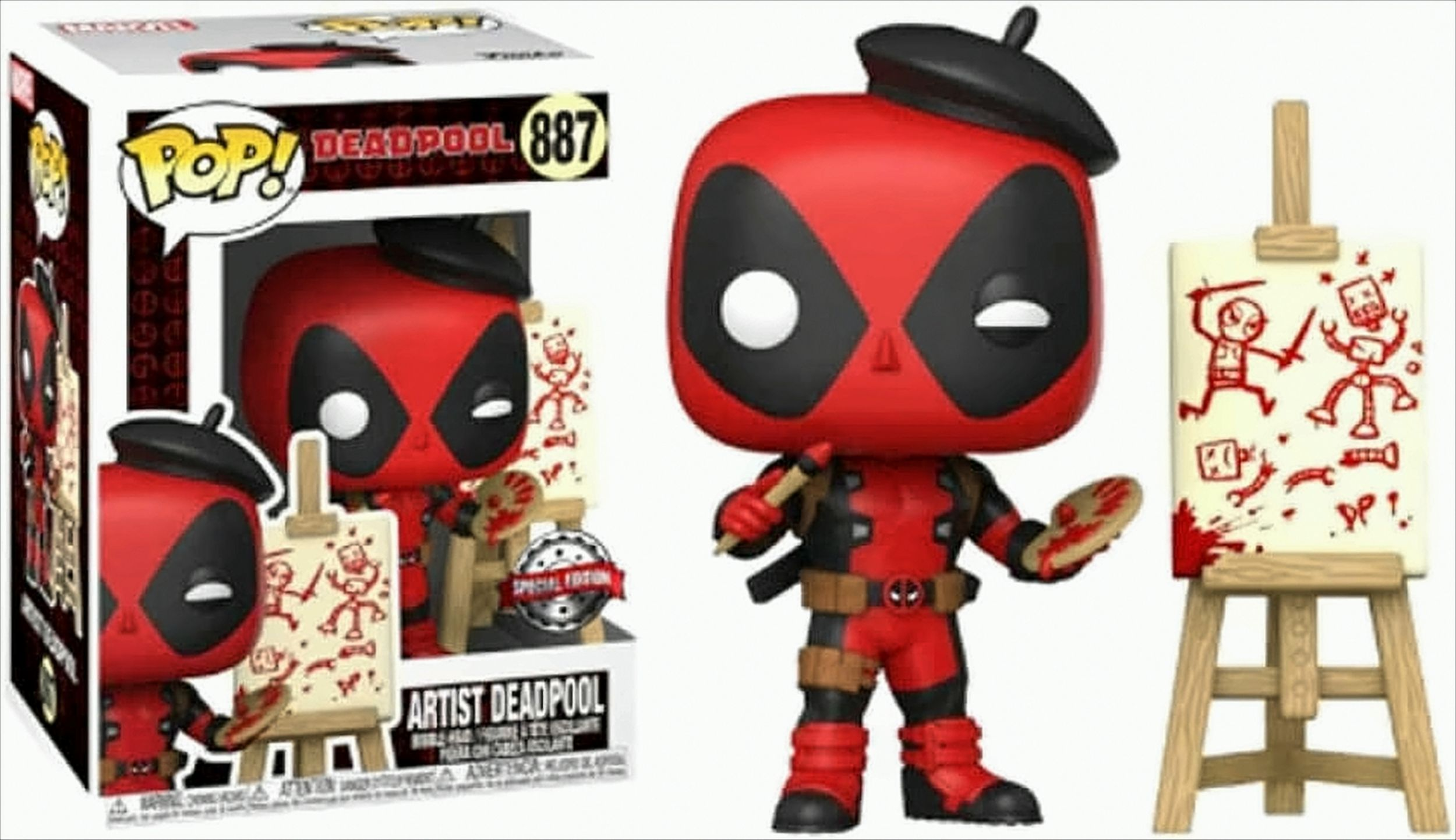 Künstler-Deadpool-Figur in rotem Anzug mit Staffelei und Kunst. Box-Set und Figur gezeigt.