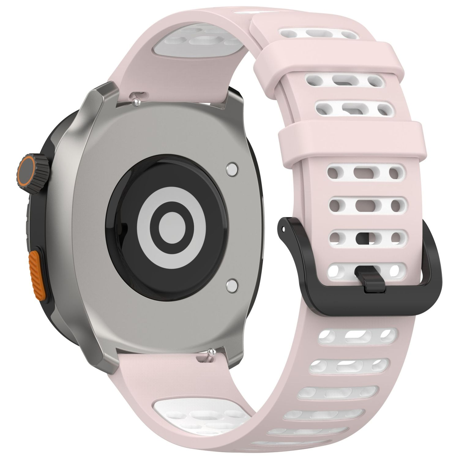 Rückseite einer pinkfarbenen und silbernen Smartwatch mit pinkfarbenem Armband. Das Armband ist perforiert.