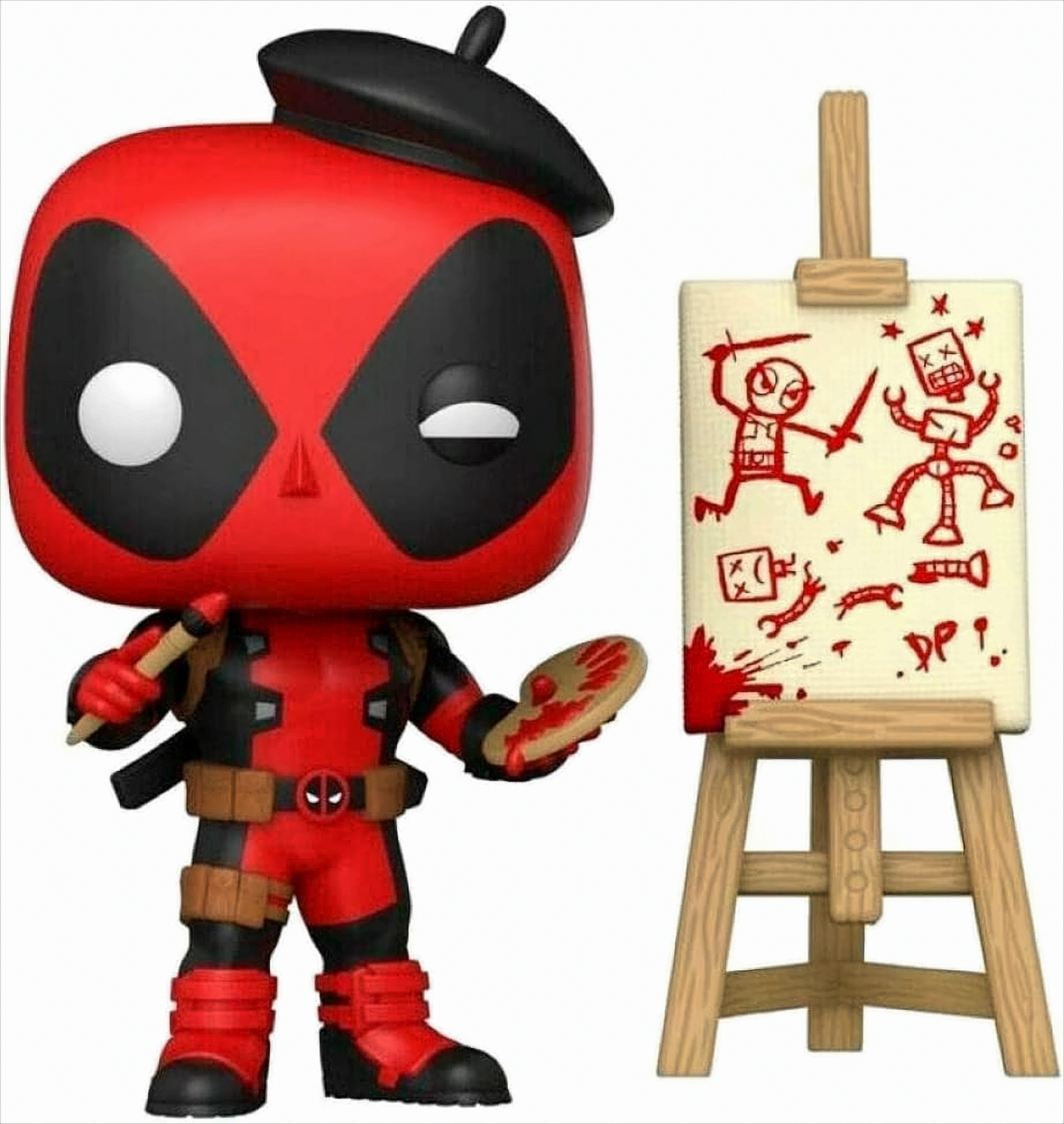 Deadpool-Figur im roten Anzug mit Baskenmütze, hält Pinsel und Palette, an einer Staffelei.
