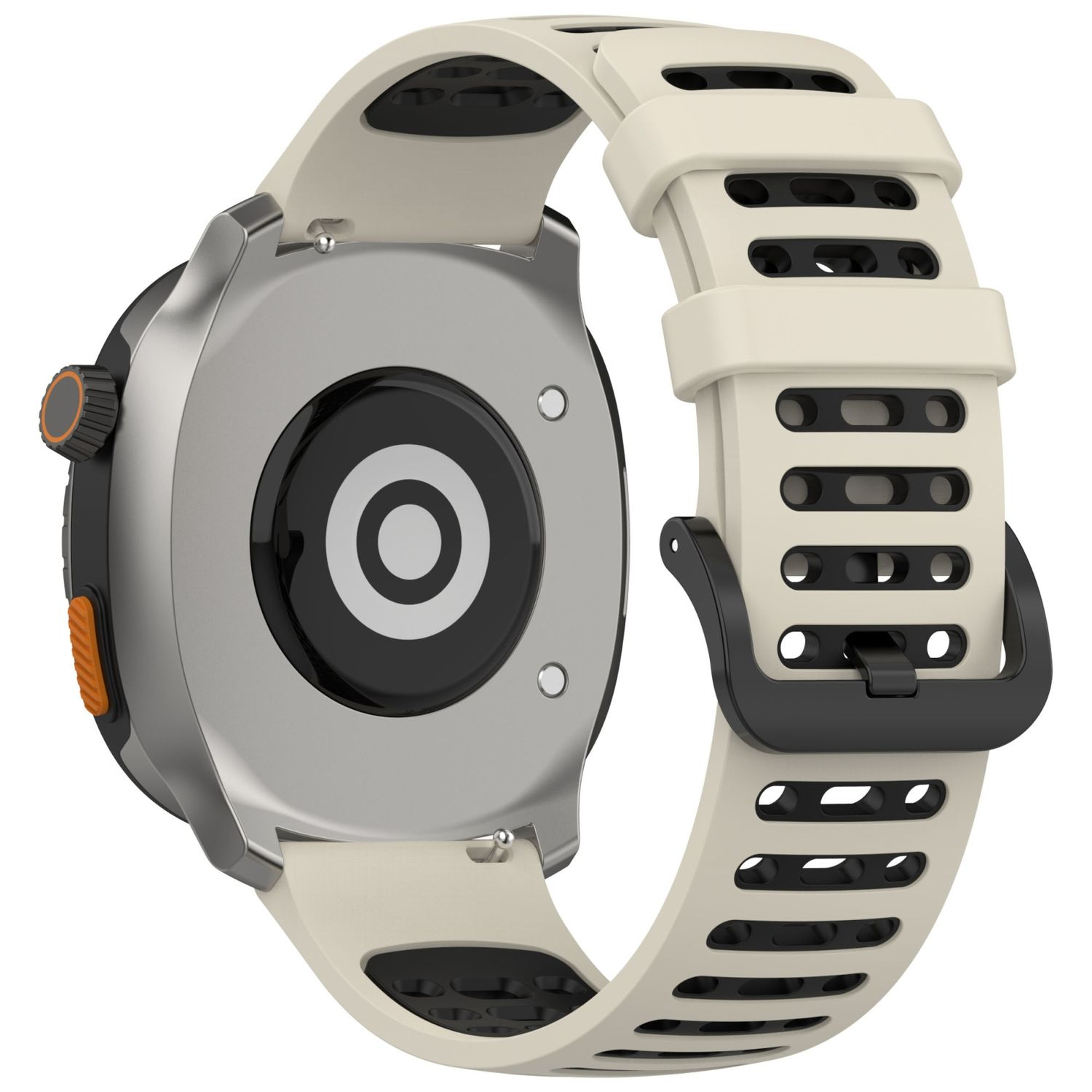 Rückseite einer Smartwatch. Sie hat ein weißes Armband und ein schwarzes Zifferblatt. Die Uhr ist silber.