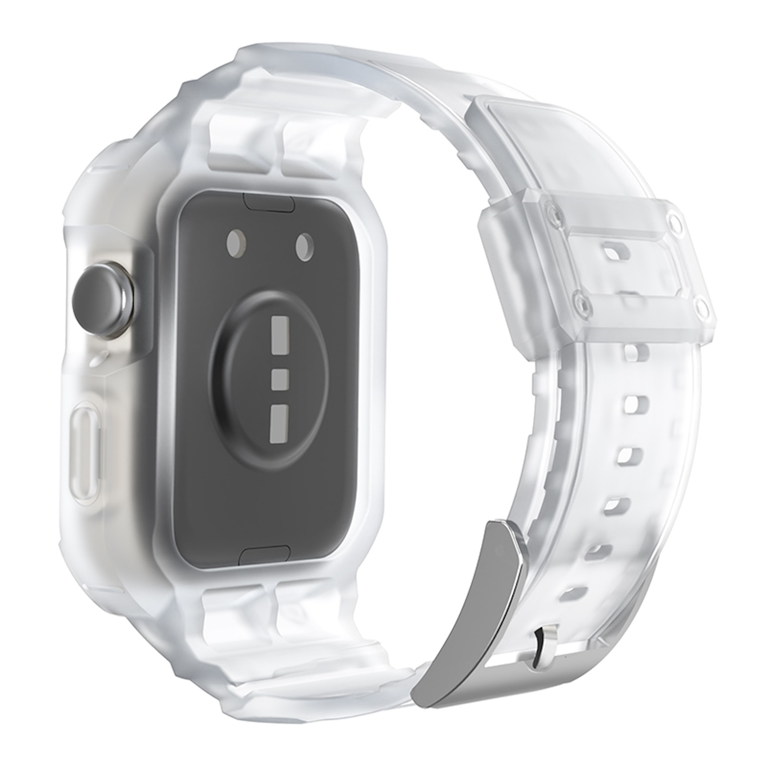 Transparente Smartwatch mit silbernem Verschluss. Die Uhr ist auf weißem Hintergrund.