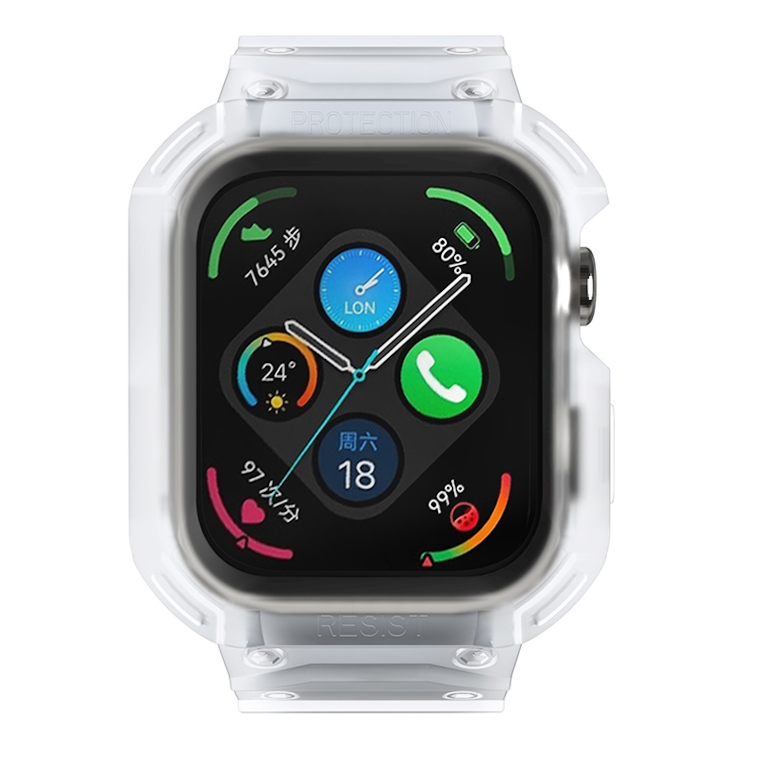 Smartwatch mit Datendisplay in durchsichtiger Schutzhülle. Weißer Hintergrund.